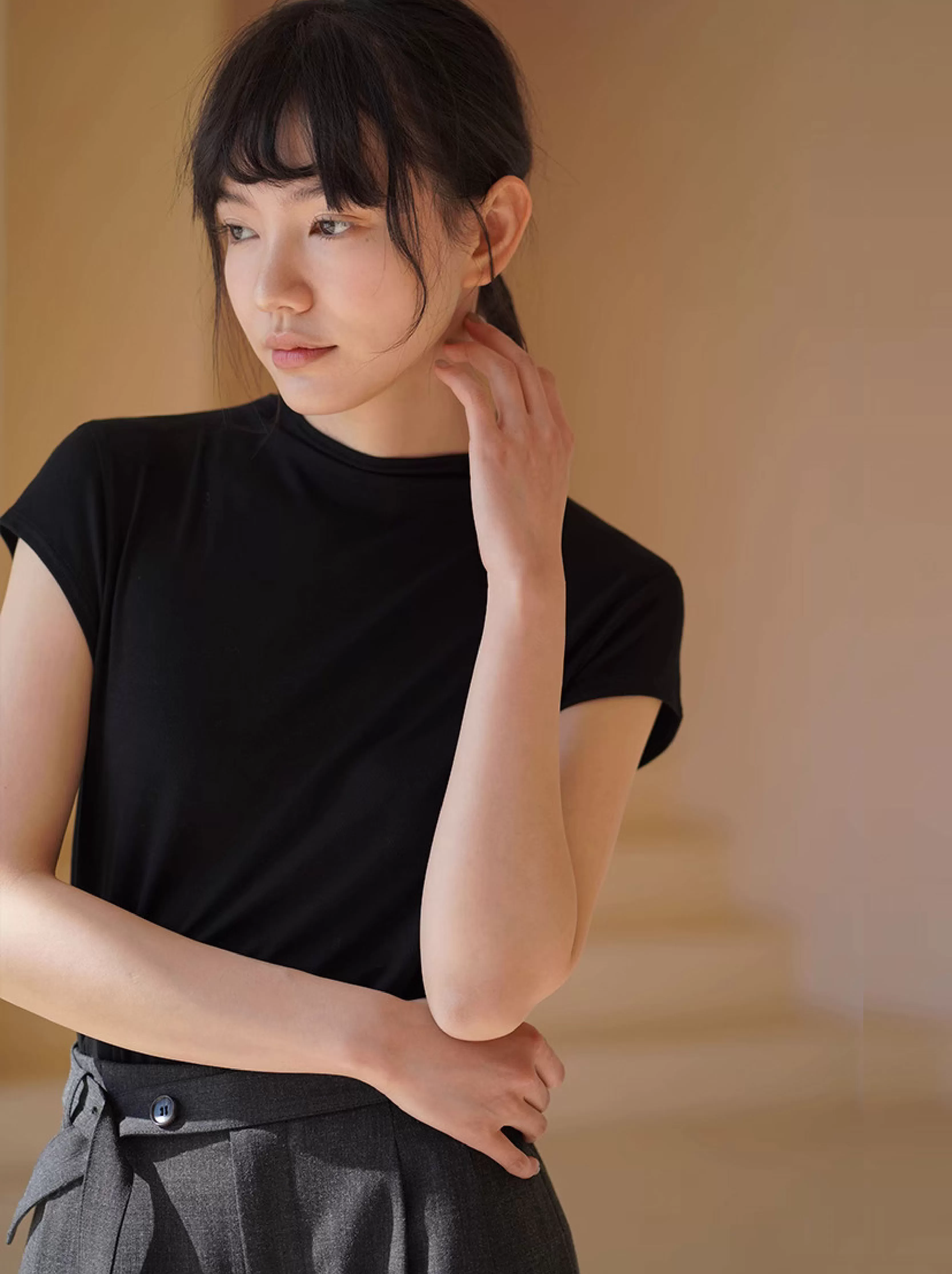 現代繆斯T卹雪芙螺紋針織氣質飛袖精緻半高領通勤上衣女