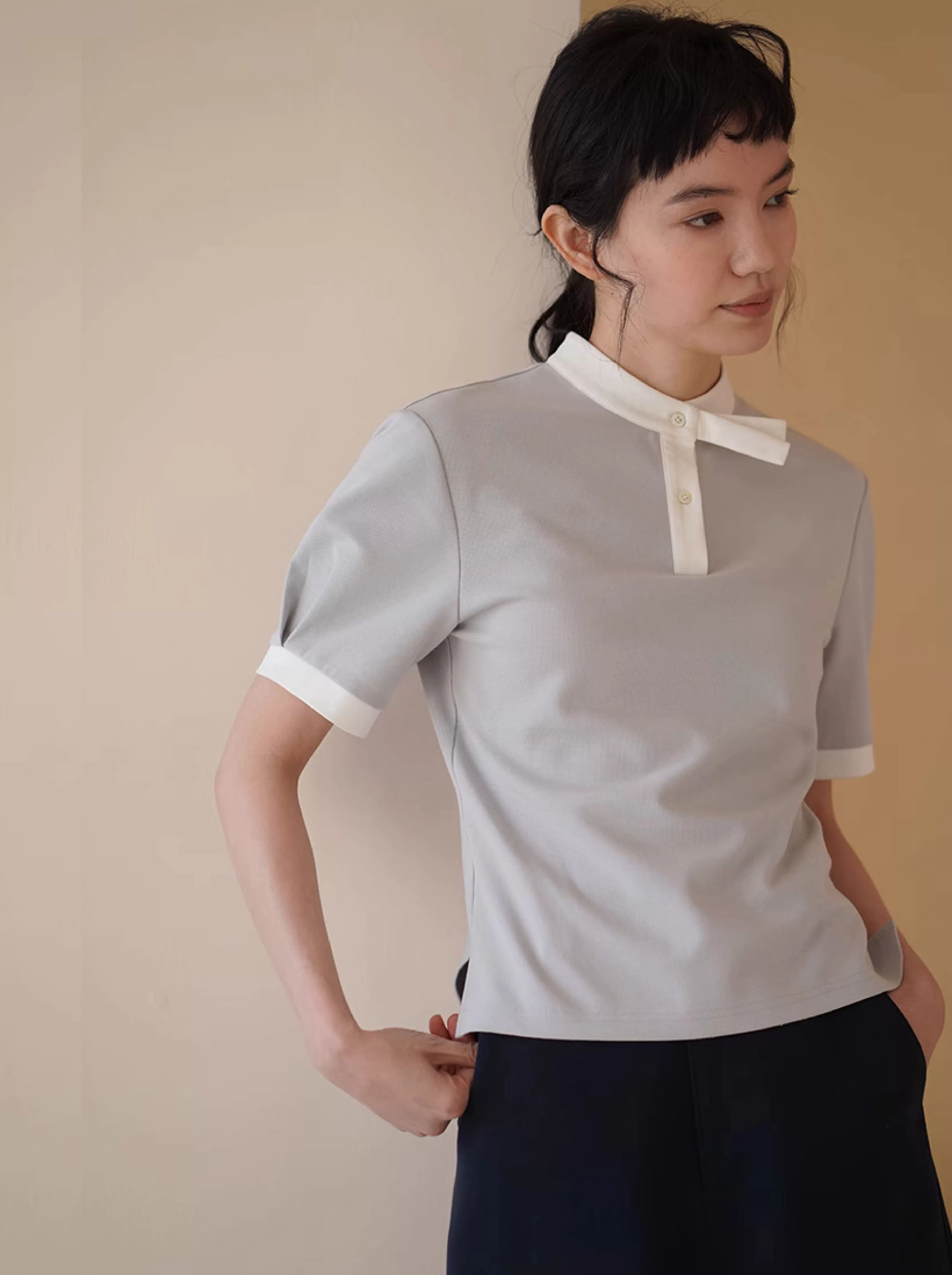 高爾夫少女珠地肌理感蝴蝶結立領設計感小眾清新短袖T卹