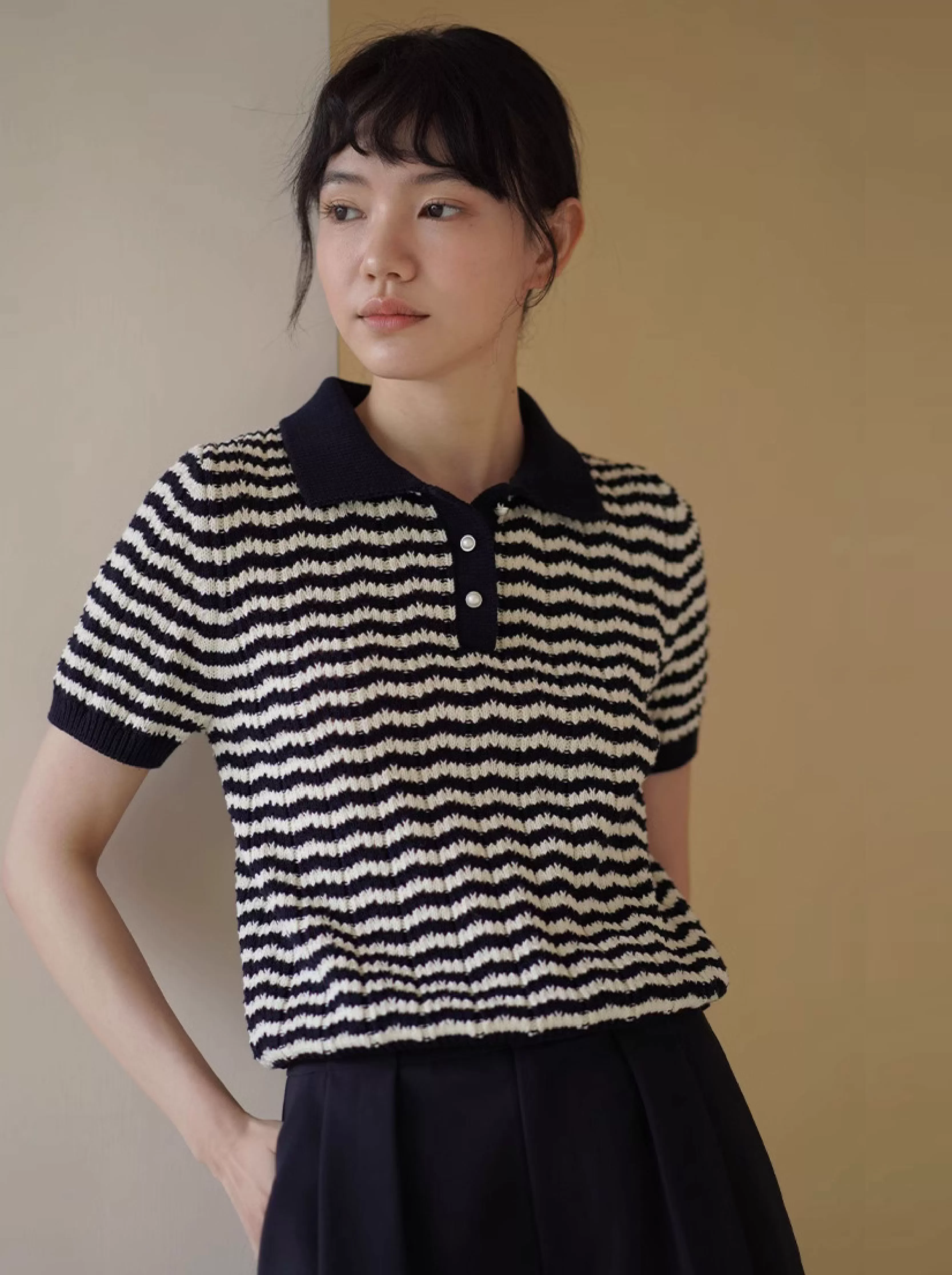 條紋侵入企劃清爽棉感太空藍撞色翻領Polo短袖通勤針織