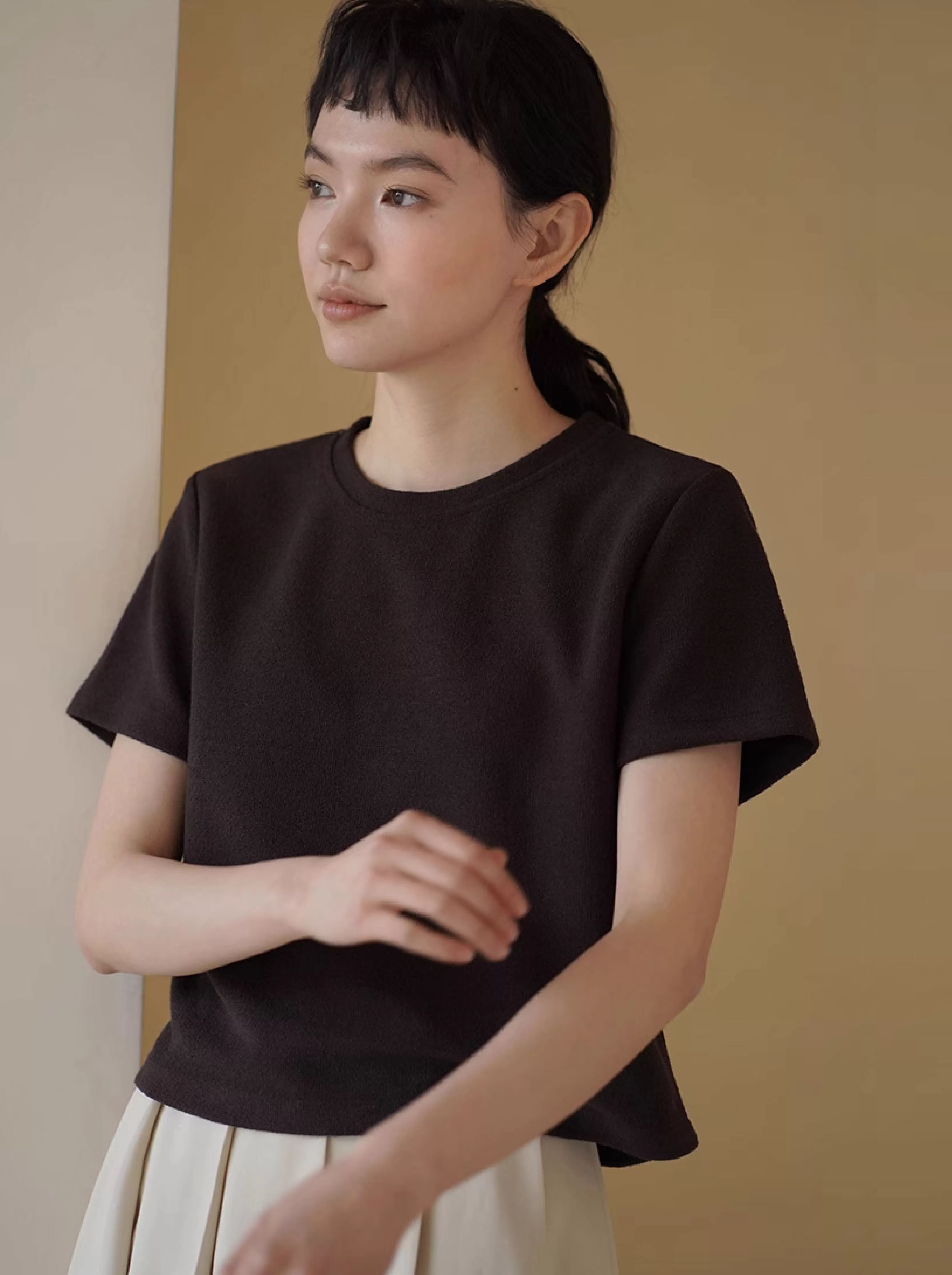 古巴雪茄配色內搭短袖圓領寬鬆氣質顯瘦加厚T卹女