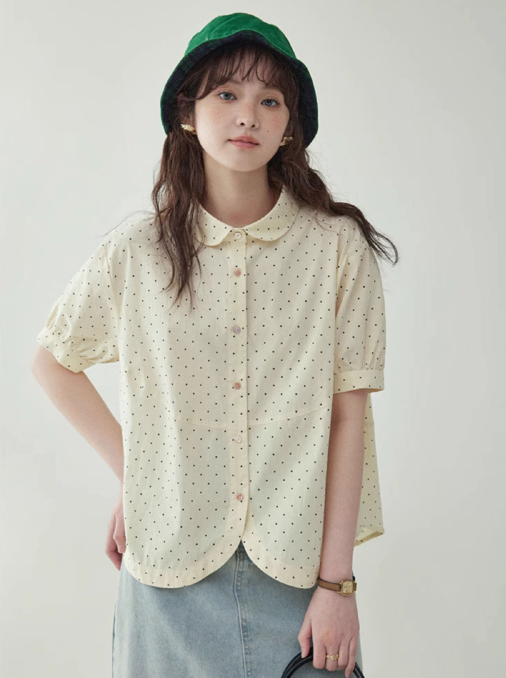 少女感娃娃領波點襯衫女25夏季新款減齡短袖上衣