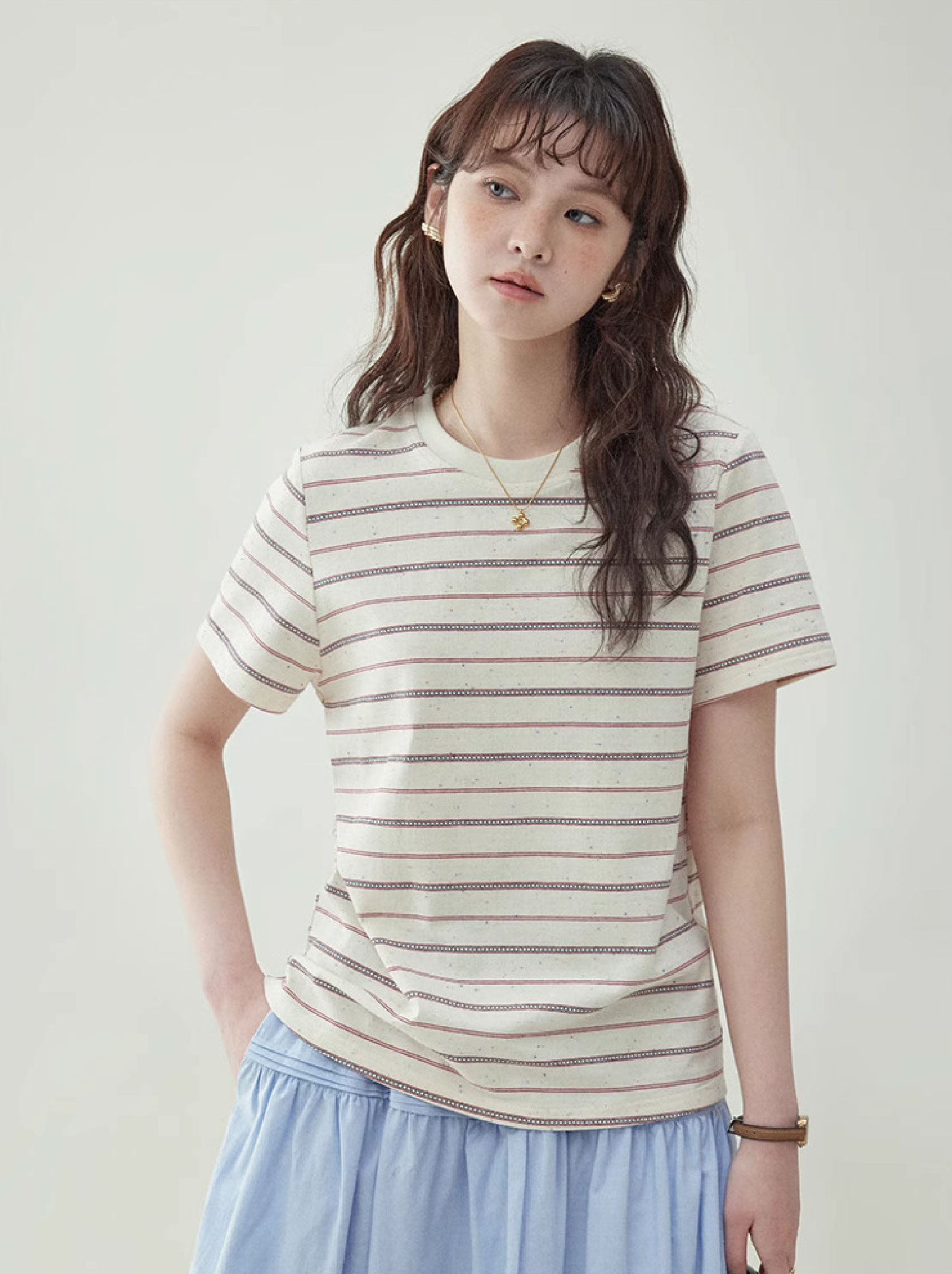 彩點條紋圓領短袖t卹女25夏季新款休閒寬鬆上衣