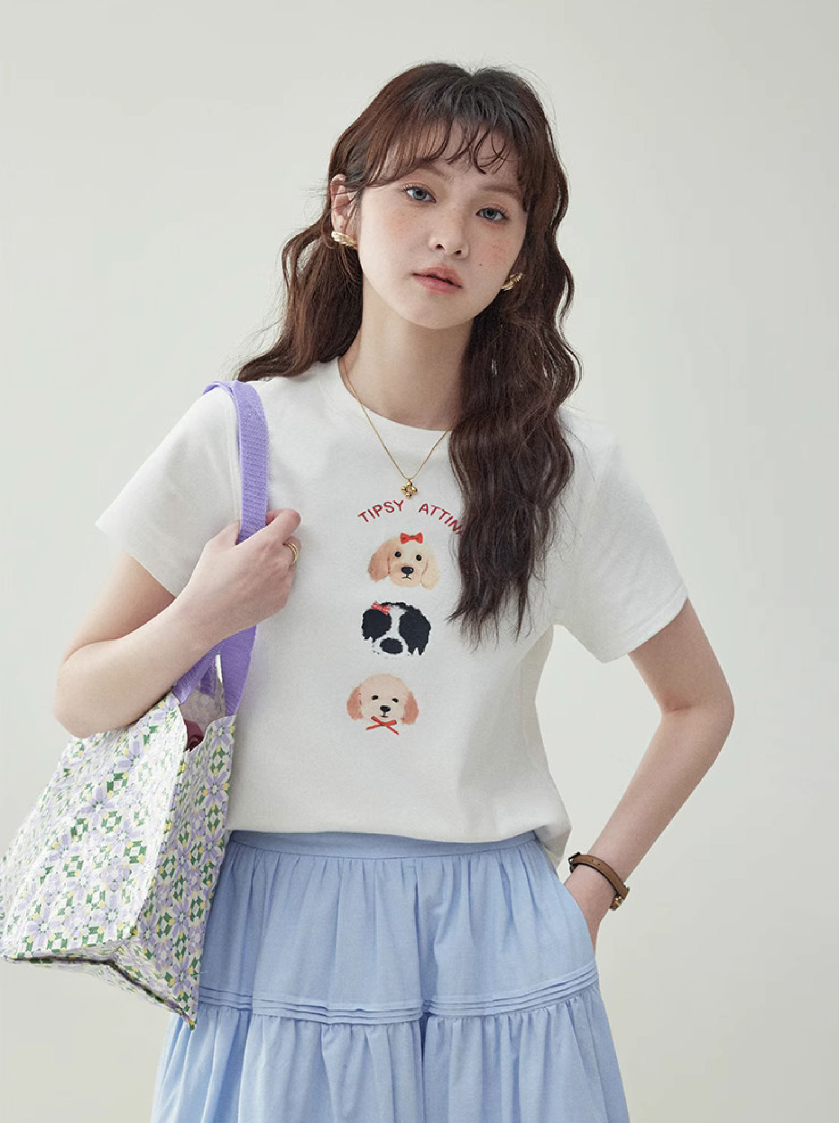 蝴蝶結小狗印花短袖t卹女夏季新款寬鬆減齡上衣