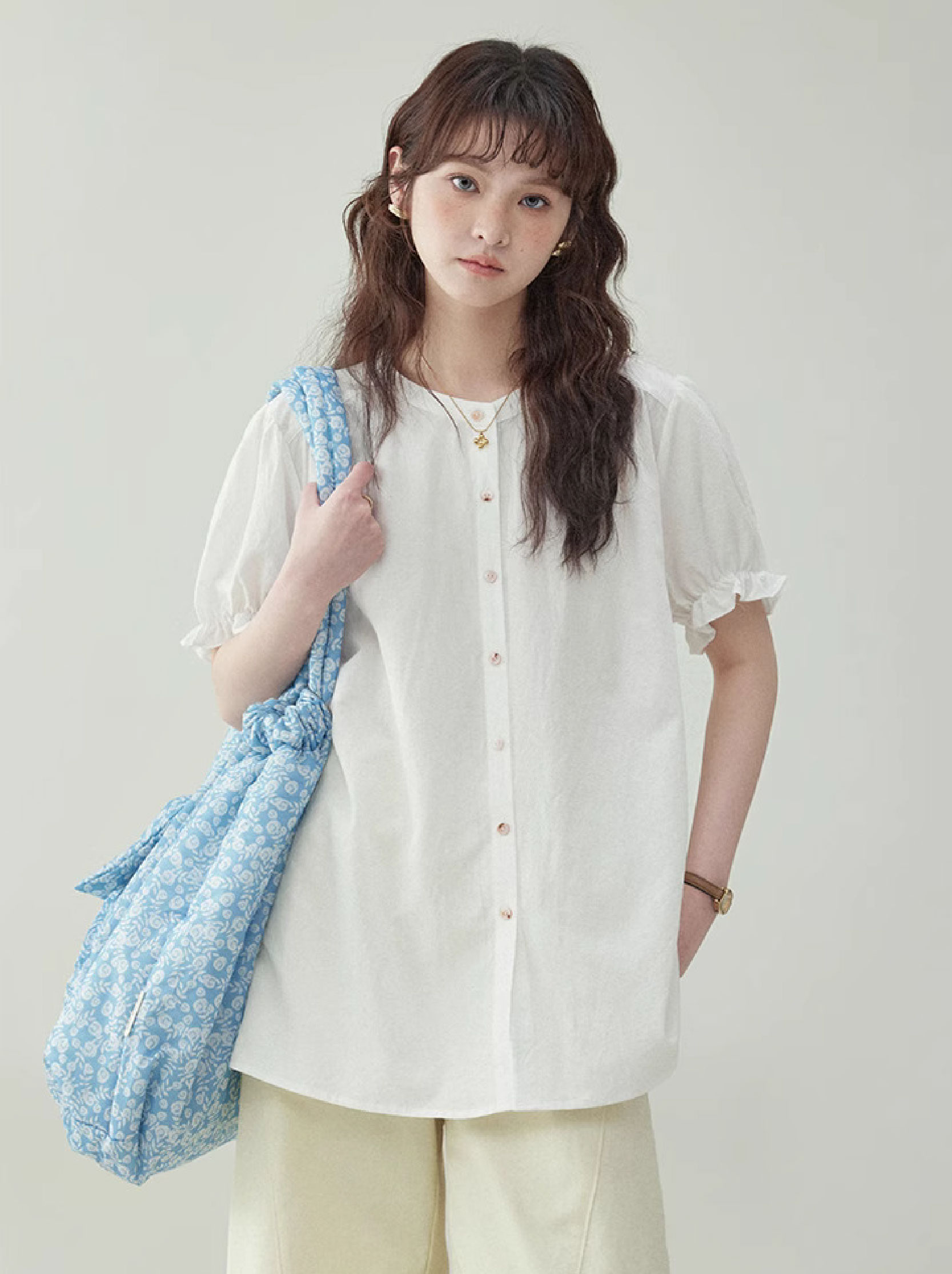 白色單排扣蕾絲短袖襯衫女夏季新款寬鬆顯瘦上衣