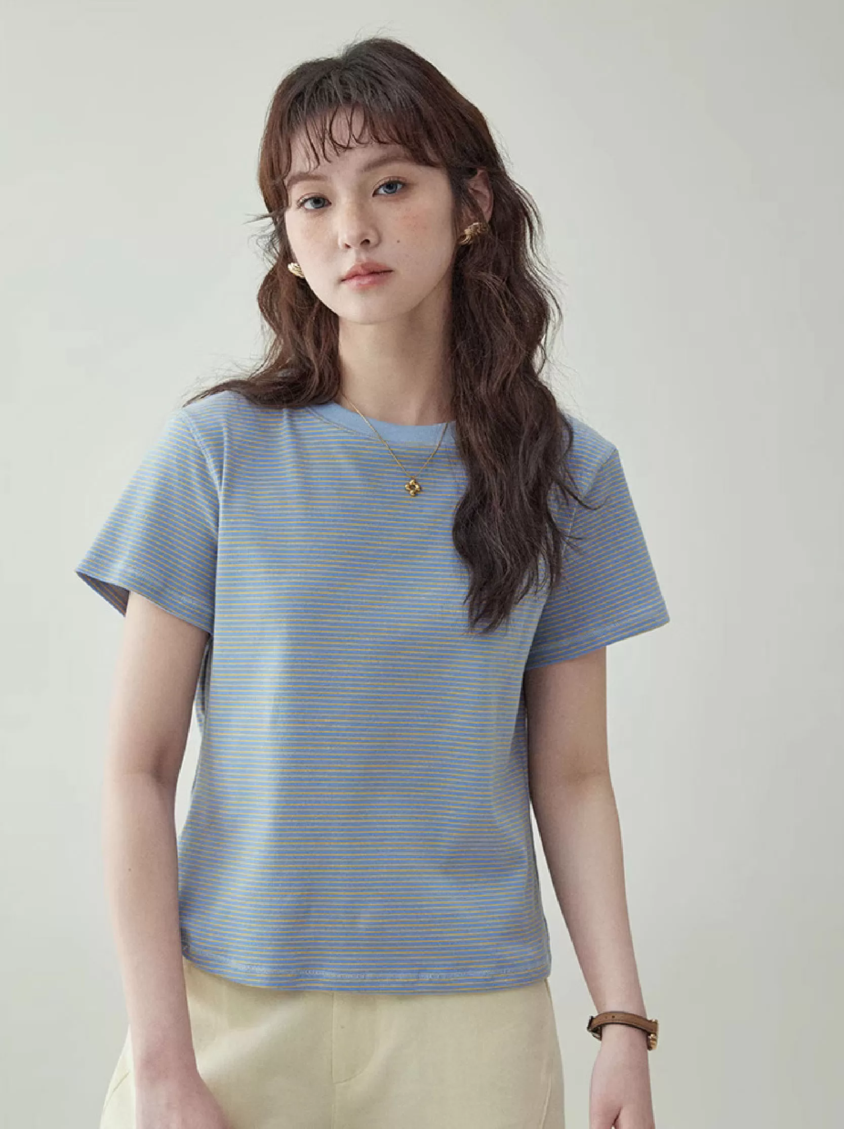 藍條紋圓領短袖寬鬆t卹女款夏季新款休閒短版上衣
