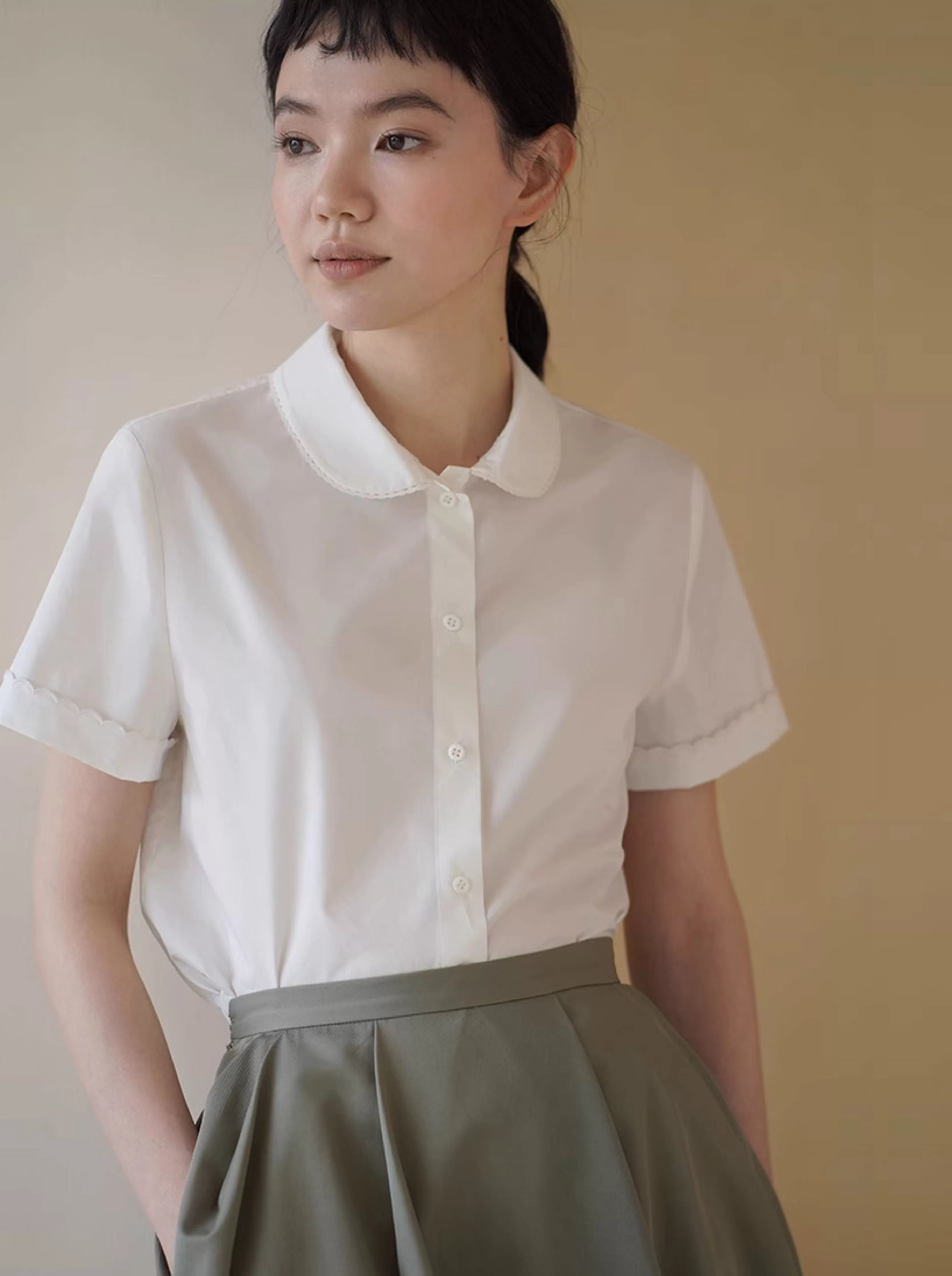 女孩模式襯衫超嗲蕾絲嵌花工藝疊穿短袖學院風顯瘦上衣