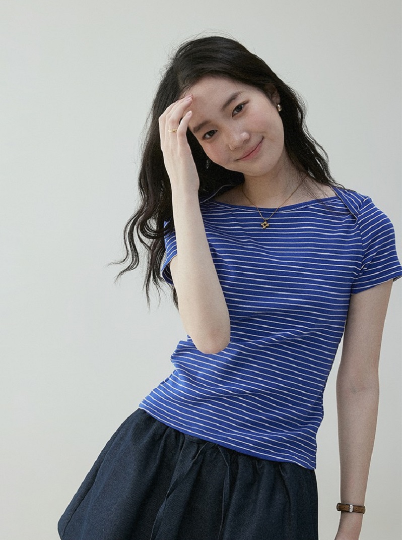 韓國撞色條紋修身顯瘦T卹女夏季百搭休閒圓領套頭上衣