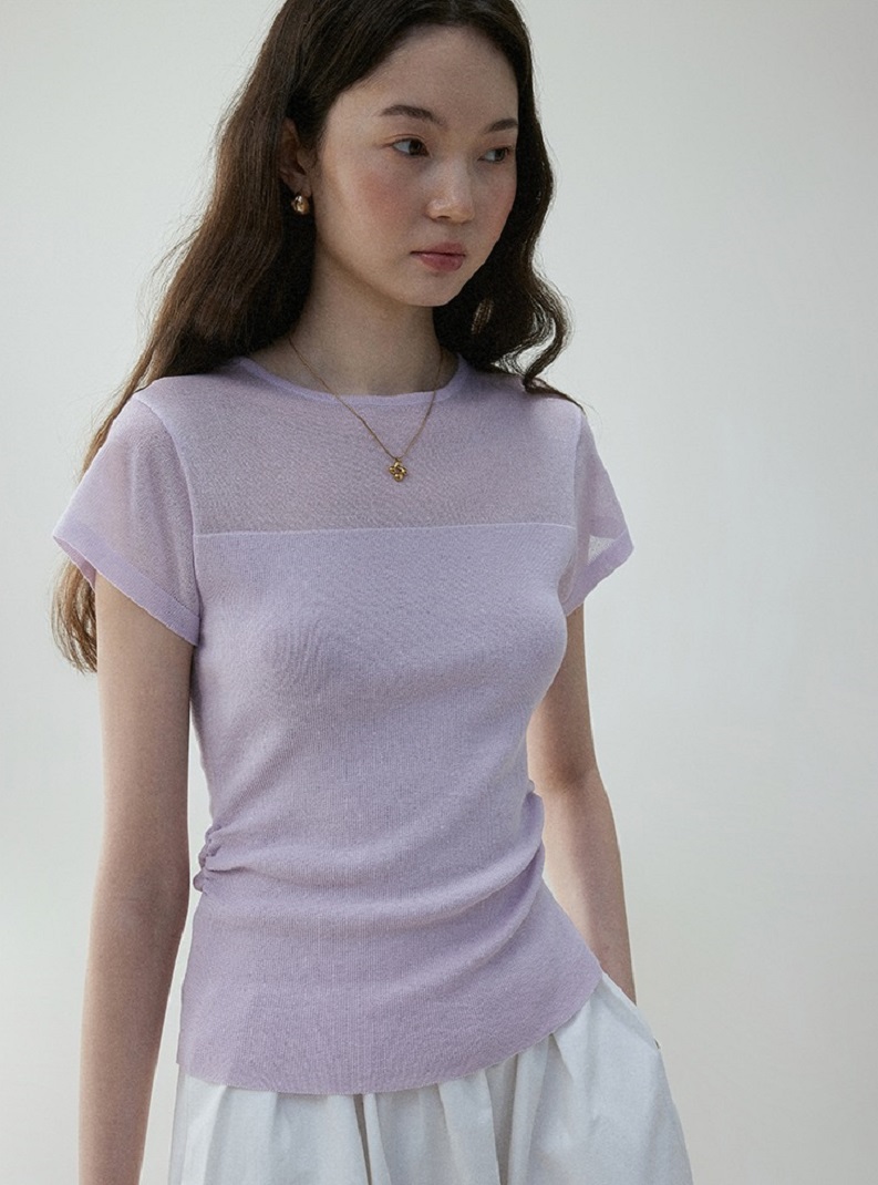 網紗拼接半透圓領針織T卹女夏季氣質收腰抽褶上衣