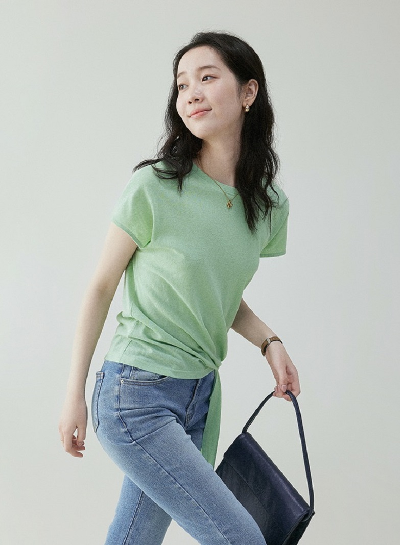 韓國純色不規則側邊繫帶T卹女25夏季圓領寬鬆上衣