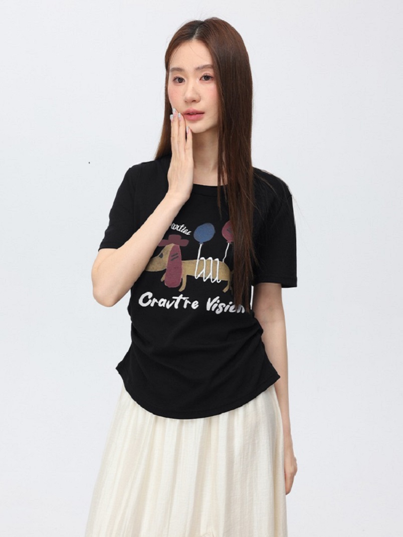 正肩短袖小狗印花t卹設計感小眾抽褶上衣