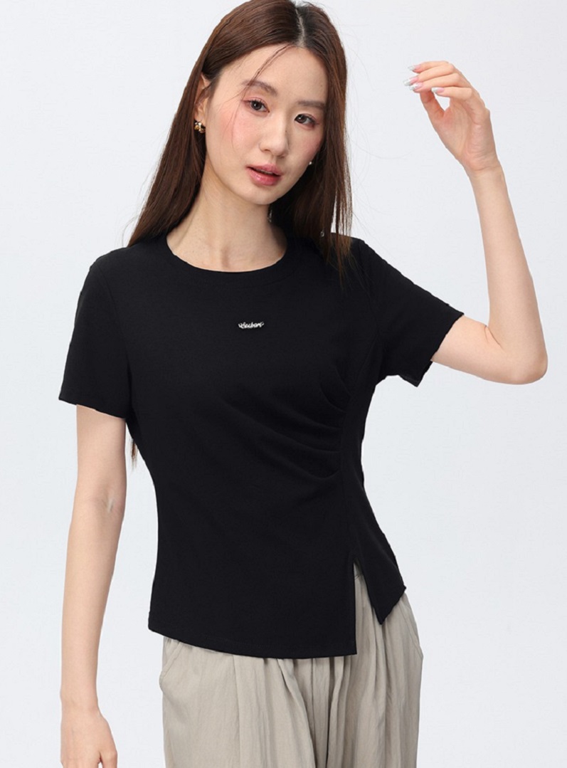 短袖顯瘦正肩側開叉t卹女夏裝設計感黑色上衣