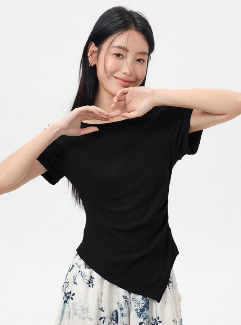 正肩短袖t卹女甜酷辣妹穿搭不規則設計感上衣