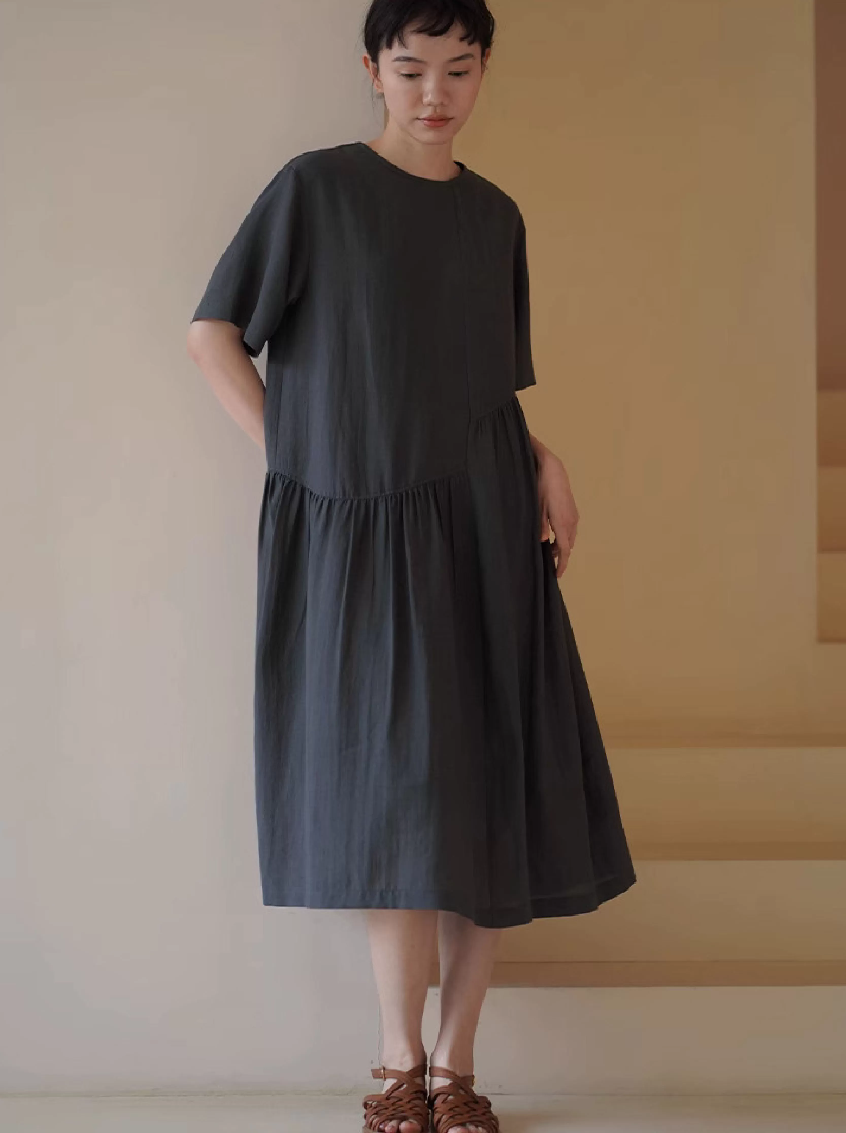 青藤蔓少女感洋裝不對稱分割裙擺設計感寬鬆顯瘦裙子