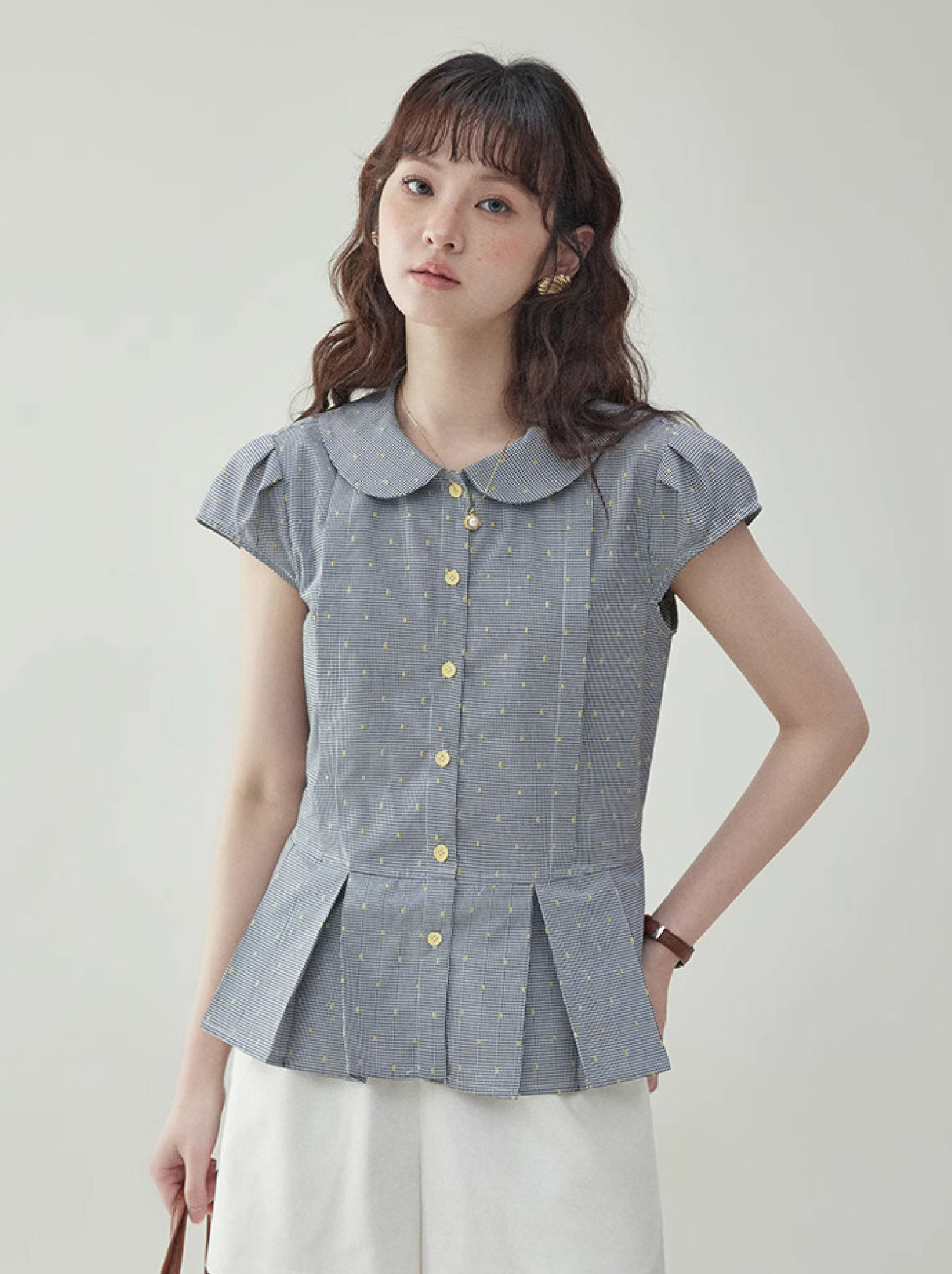拼色格紋娃娃領波點襯衫女夏季新款減齡百褶上衣