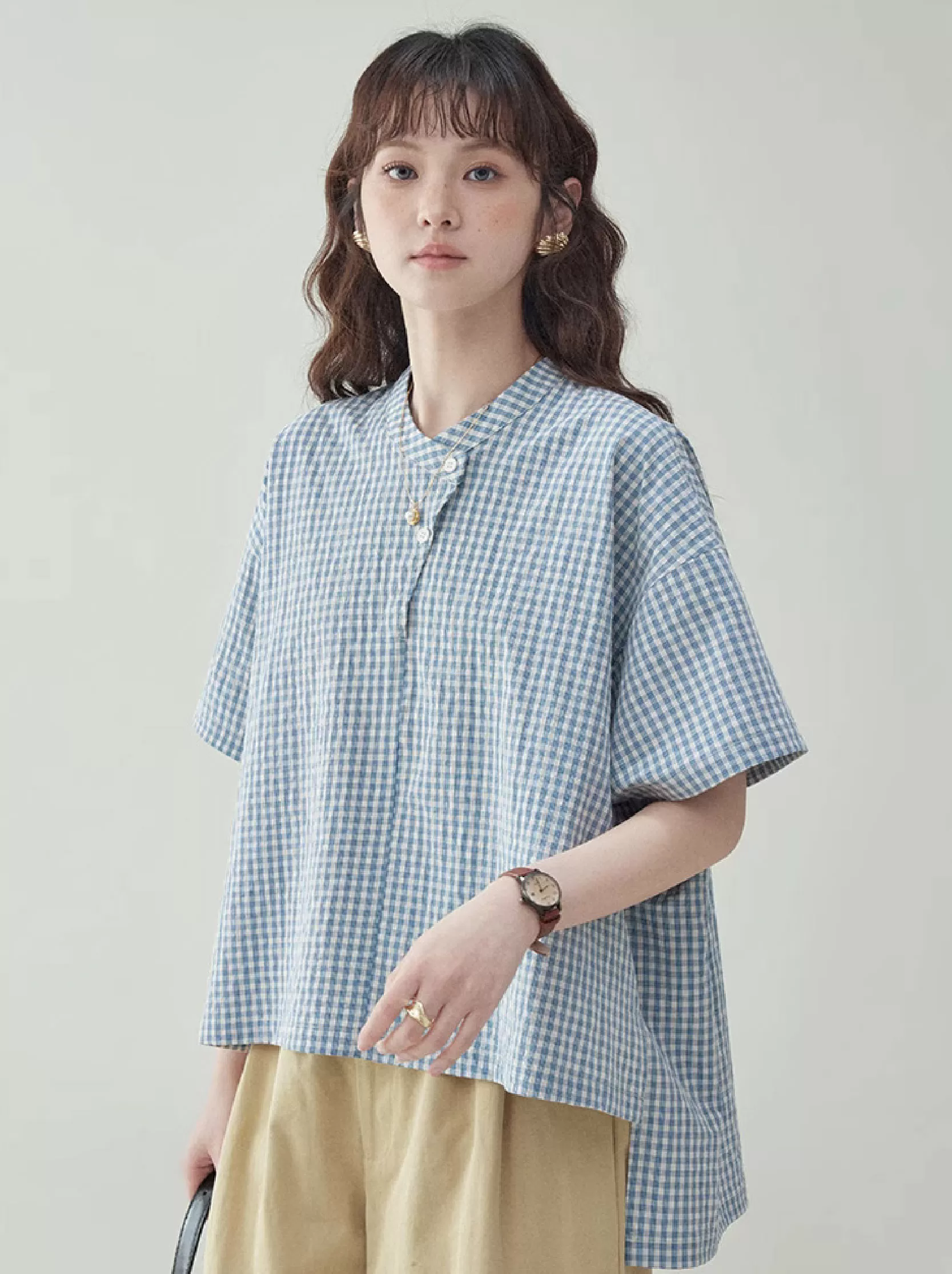 藍格紋不規則蝙蝠袖襯衫女夏季新款寬鬆套頭上衣