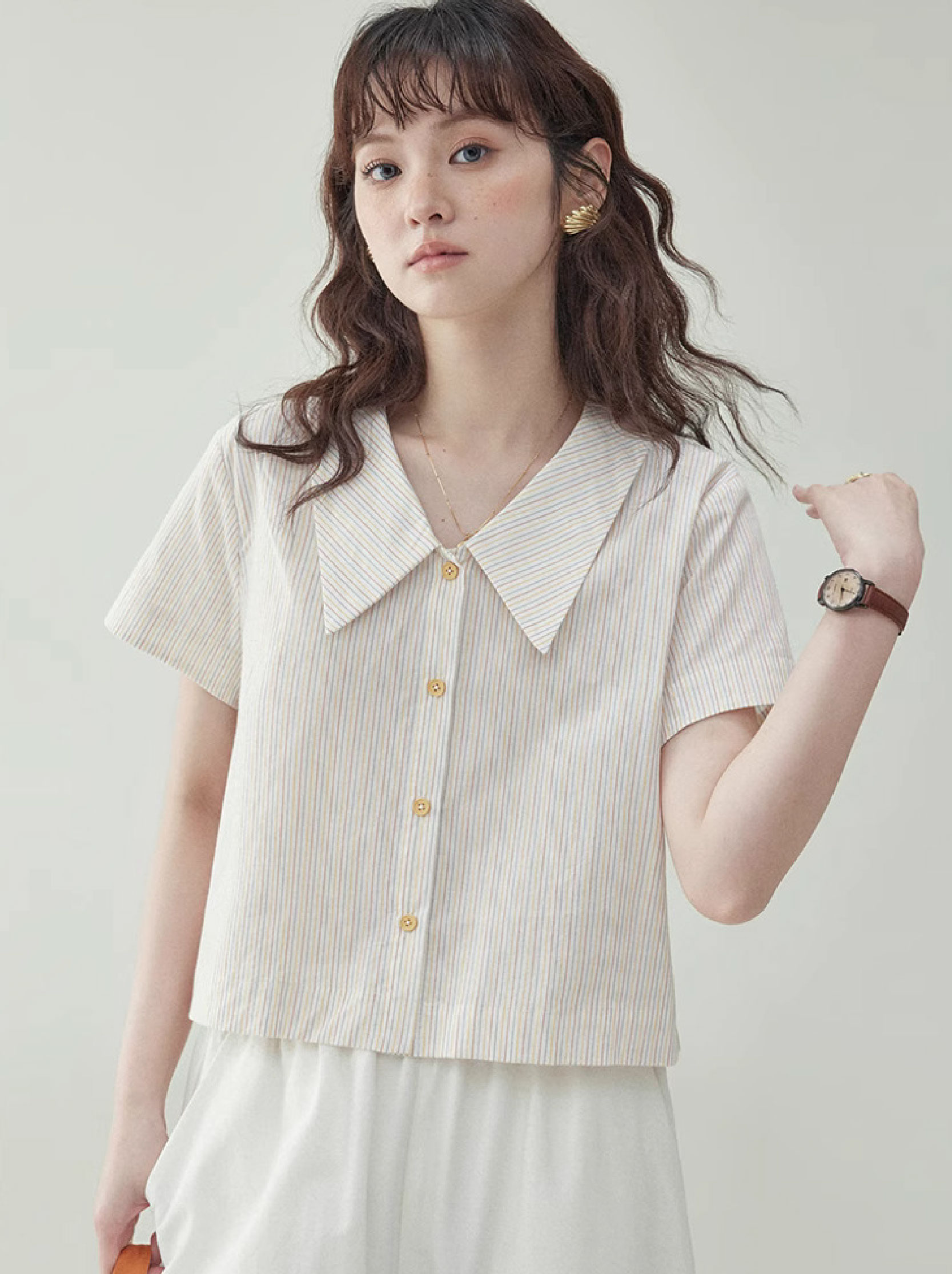 彩色條紋polo領純棉襯衫女夏季新款寬鬆短袖上衣