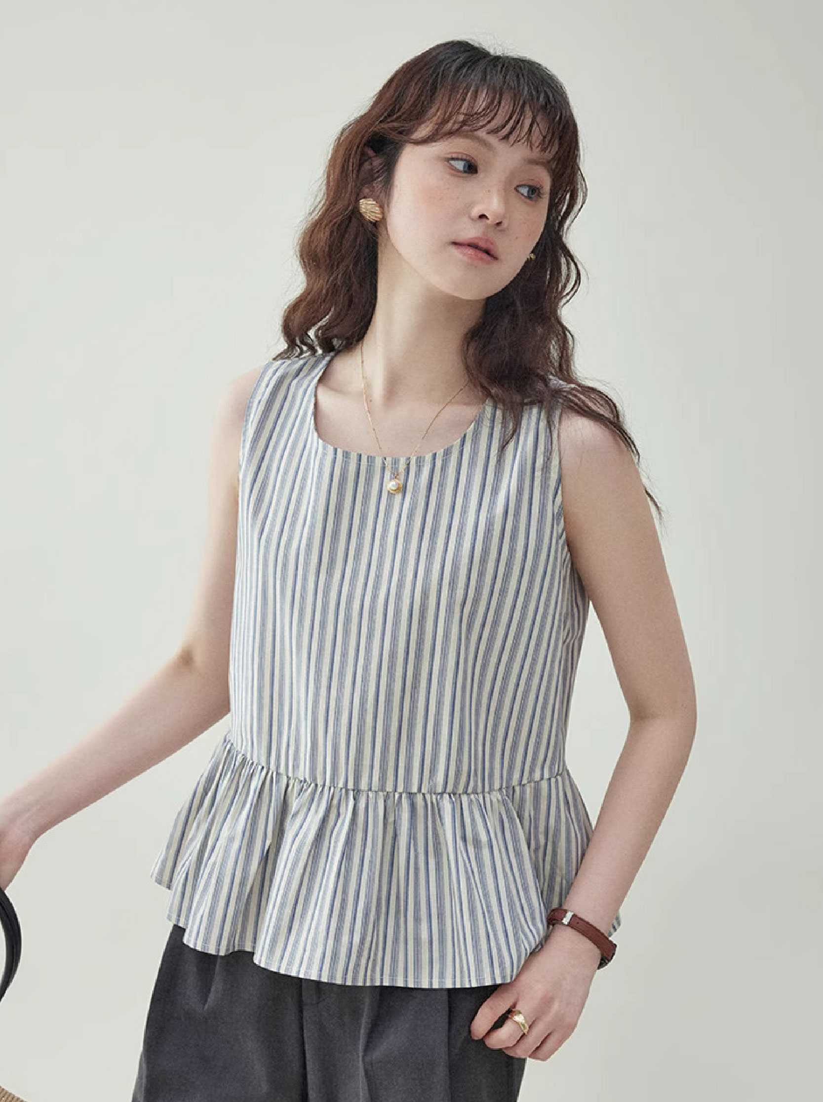 豎條紋無袖純棉娃娃襯衫女夏季新款寬鬆背心上衣
