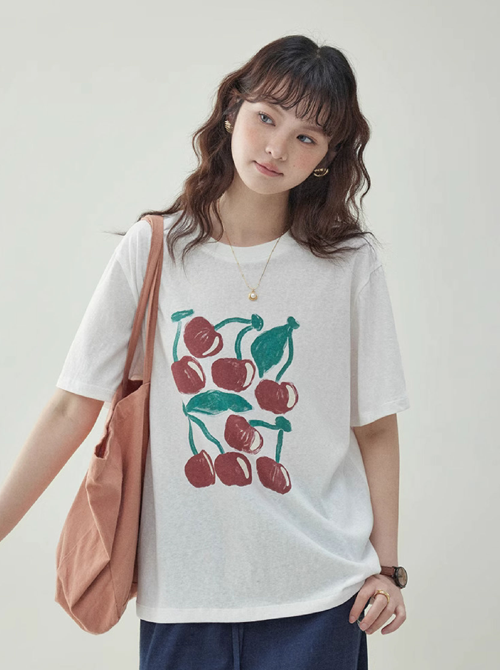 拼色櫻桃印花純棉短袖t卹女夏新款寬鬆百搭上衣
