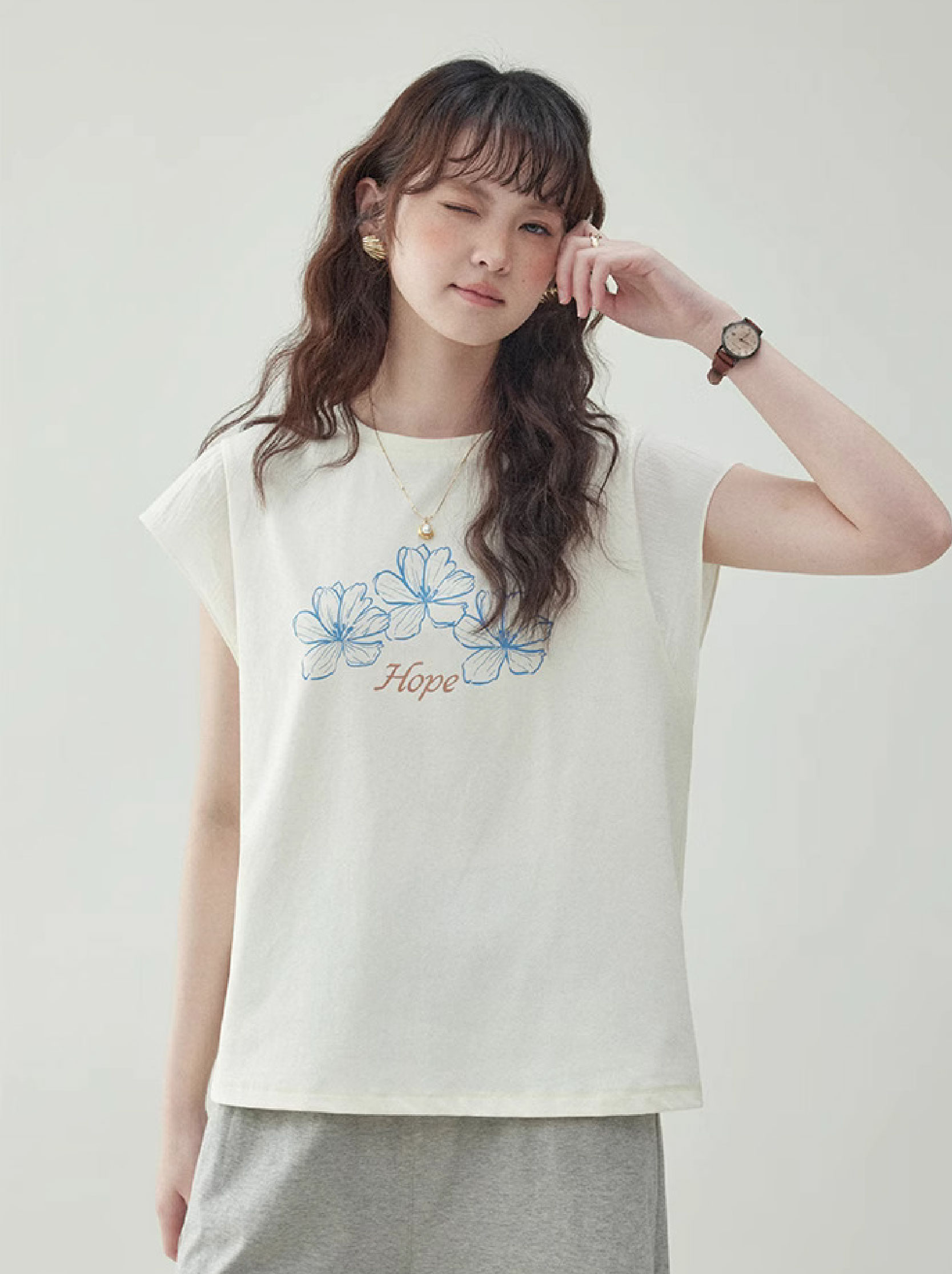 韓系花朵印花飛飛袖t卹女夏季新款百搭寬鬆上衣