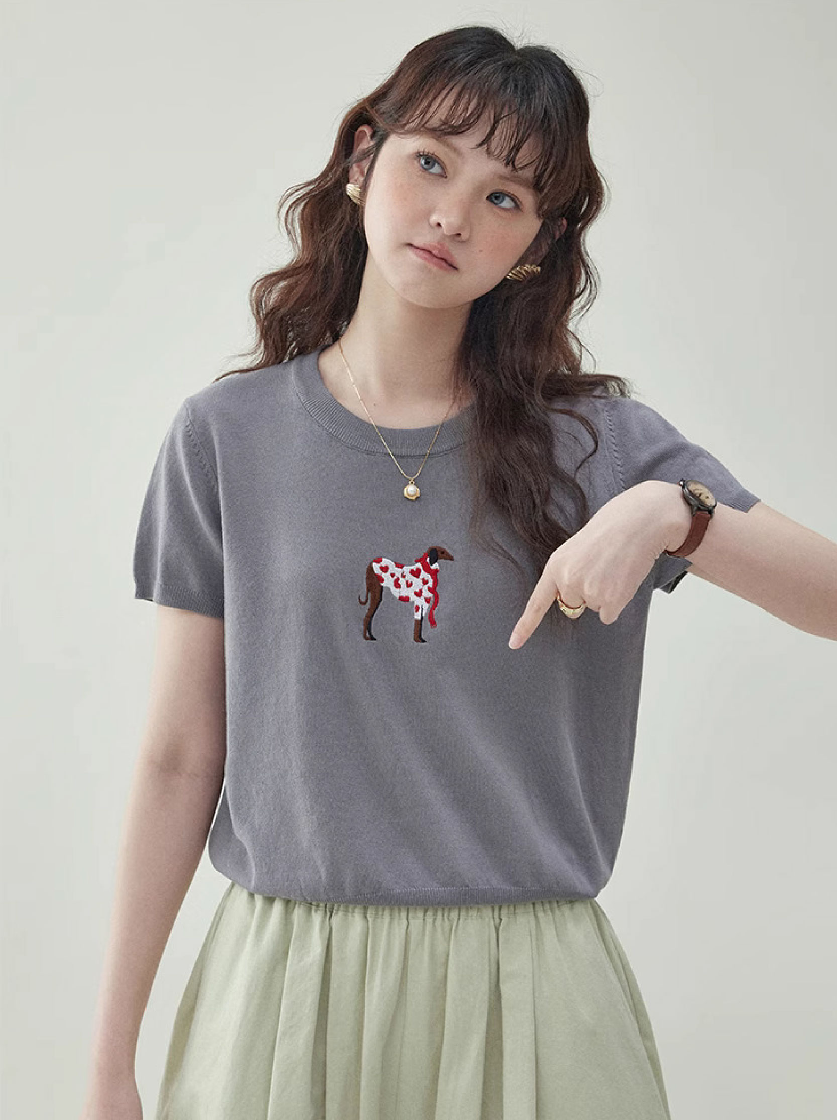 可愛小狗刺繡短袖針織衫女夏季新款寬鬆t卹上衣