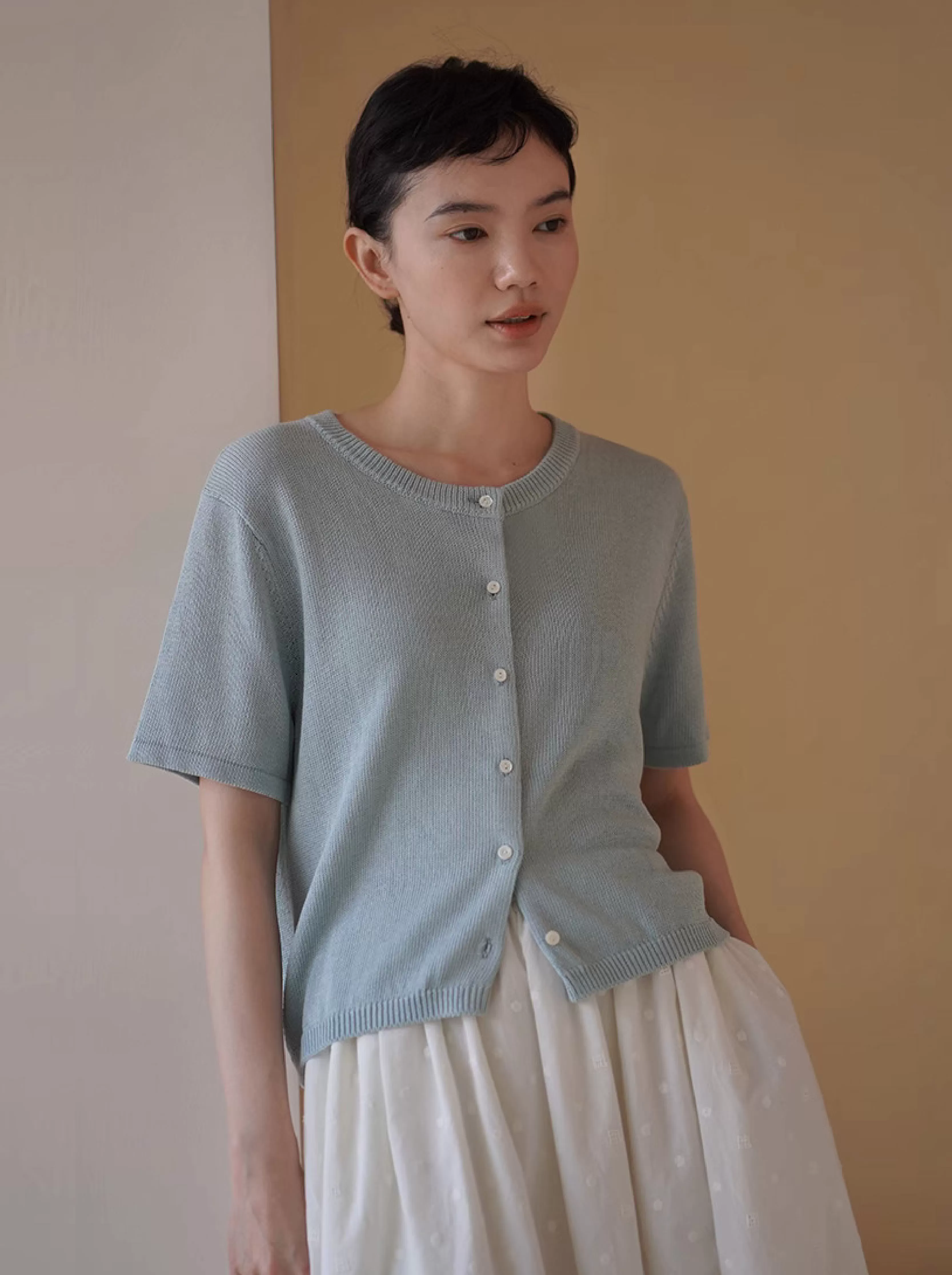 冰晶藍涼感萊賽爾亞麻紗線柔軟氣質圓領寬鬆針織開襟衫女