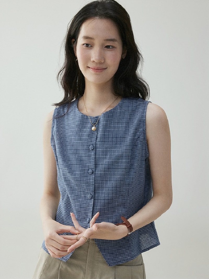 法式撞色格紋圓領無袖背心女夏季新款氣質減齡上衣