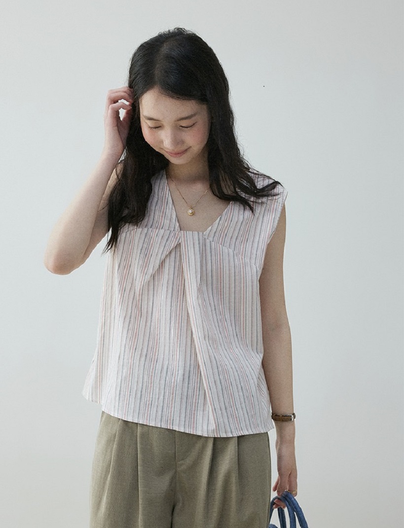 撞色條紋前後兩穿無袖襯衫女夏季新款寬鬆休閒上衣