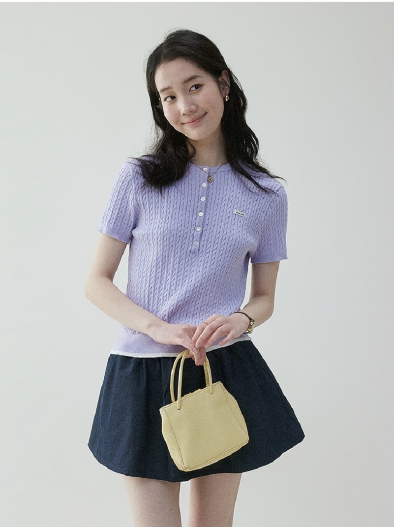 韓國扭花撞色邊圓領針織T卹女夏季半開扣減齡上衣