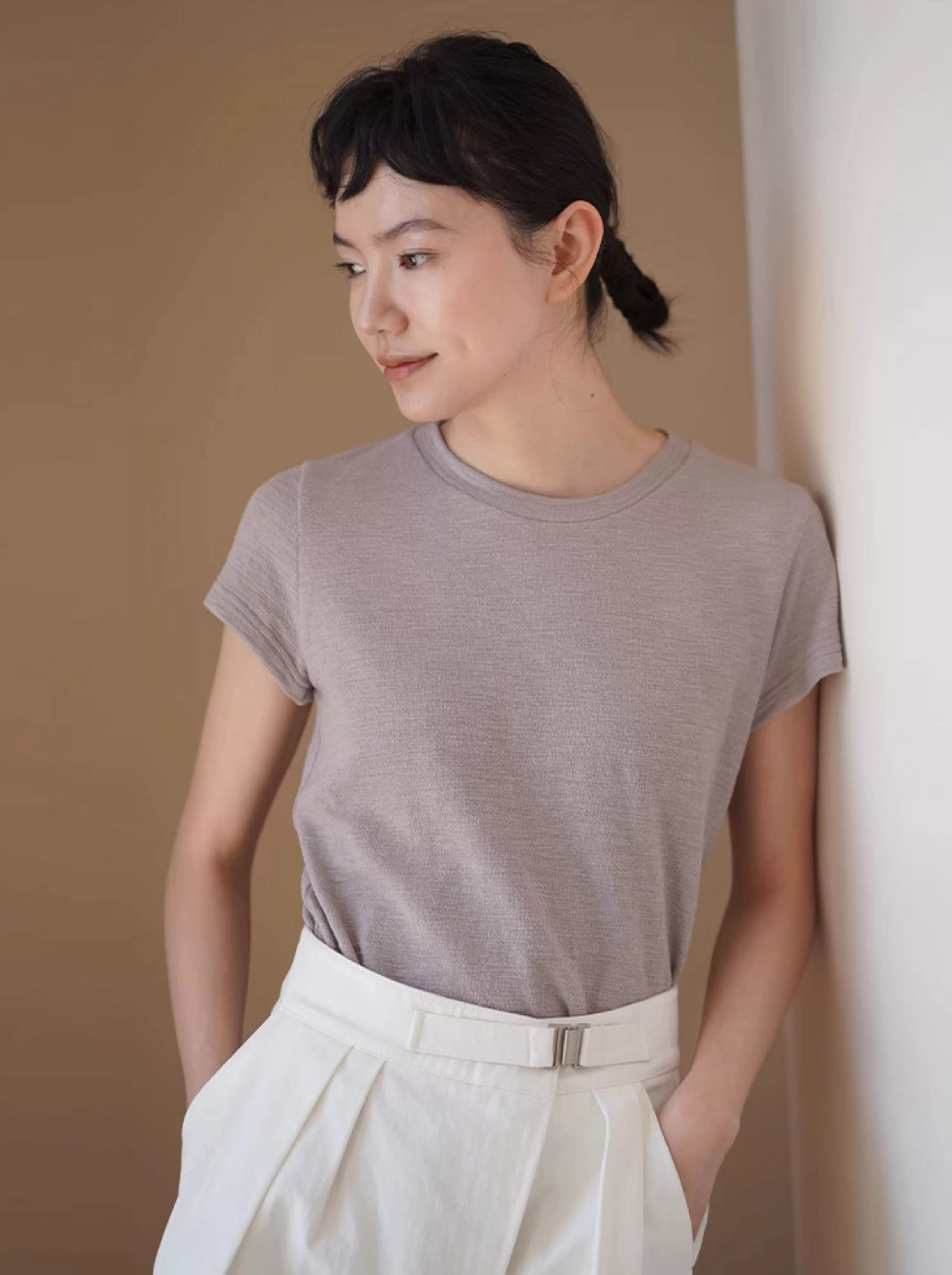 粉末交織肌理感特殊工藝圓領正肩短袖T恤顯白棉感上衣女