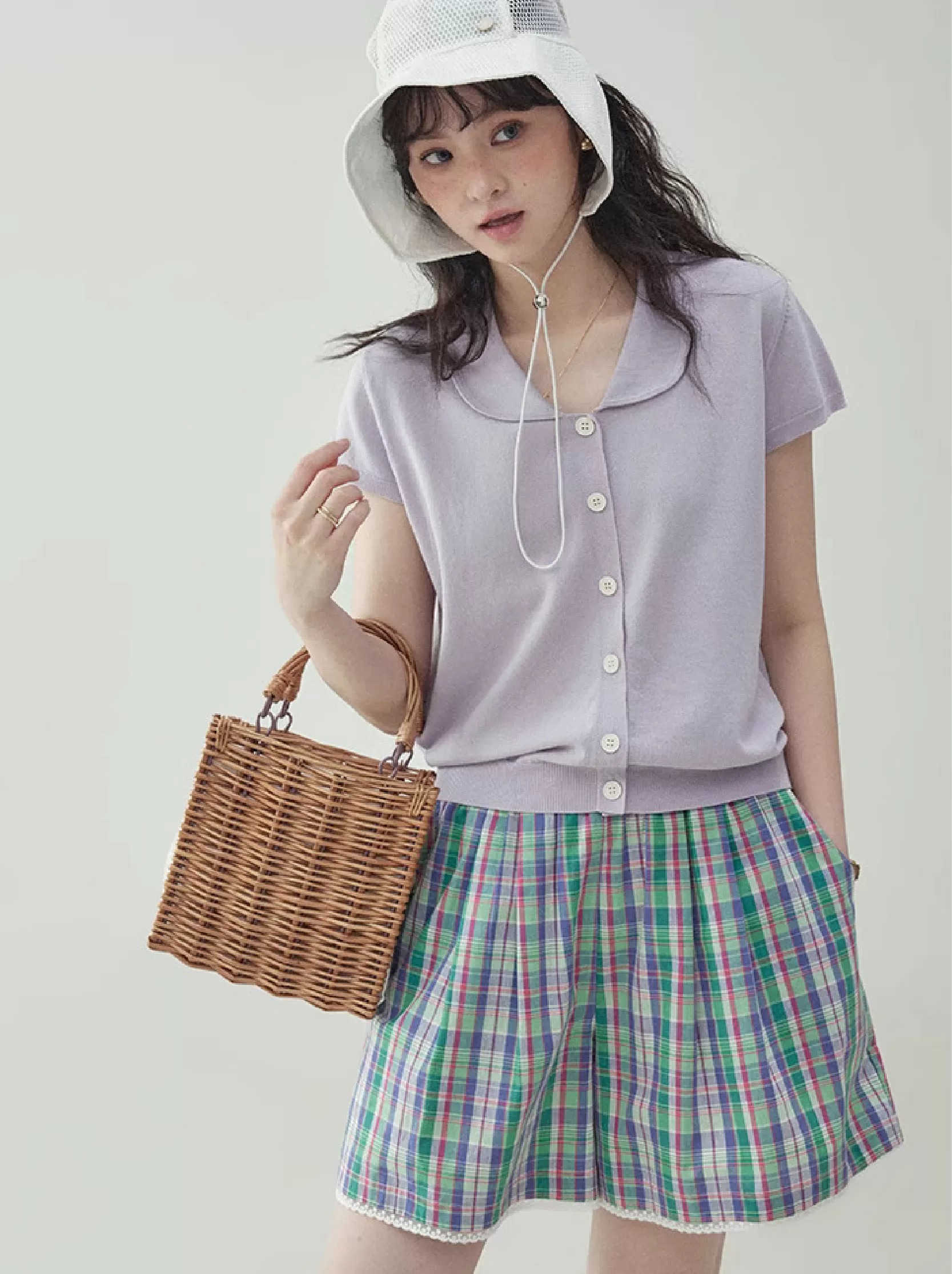 溫柔紫色娃娃v領針織衫女夏季新款短袖扣上衣