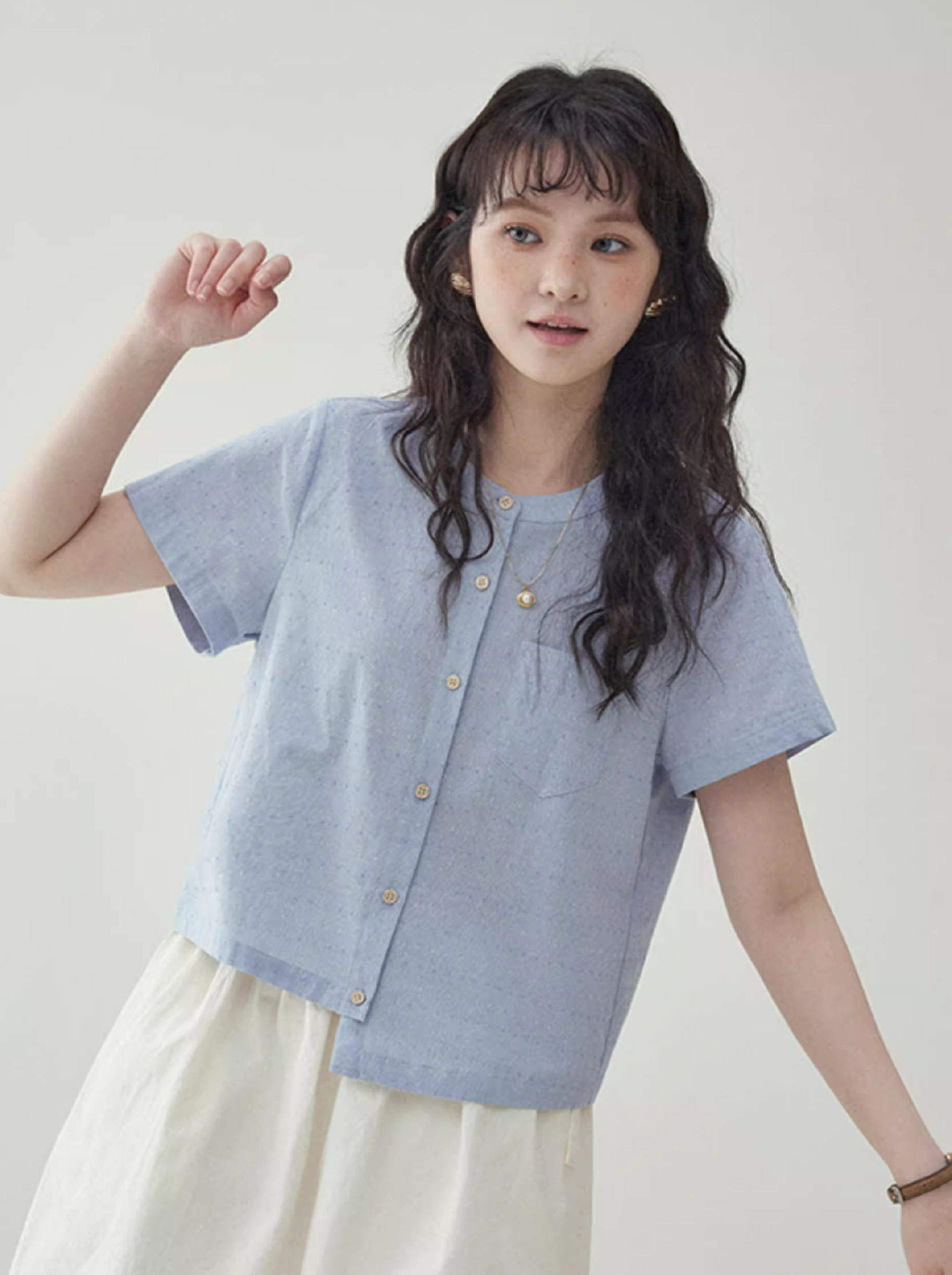 藍色不規則下擺純棉襯衫女夏季新款圓點短袖上衣