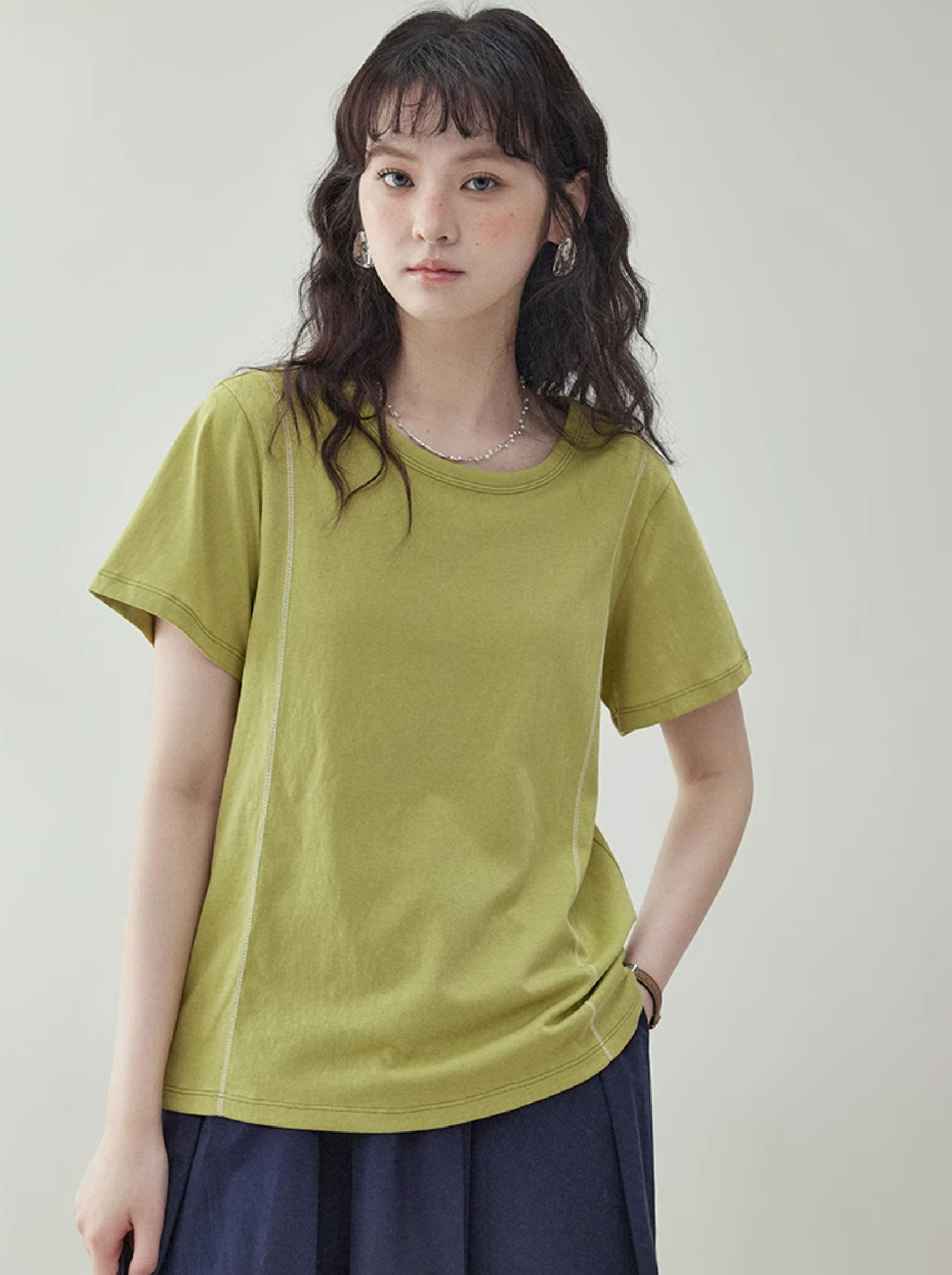 撞色反線圓領短袖T恤女款夏季新款時尚寬鬆上衣