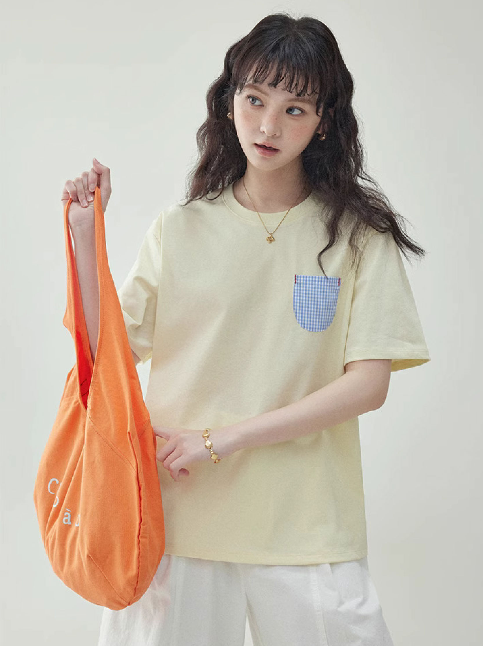 奶黃色藍格口袋純棉T恤女夏季新款減齡短袖上衣