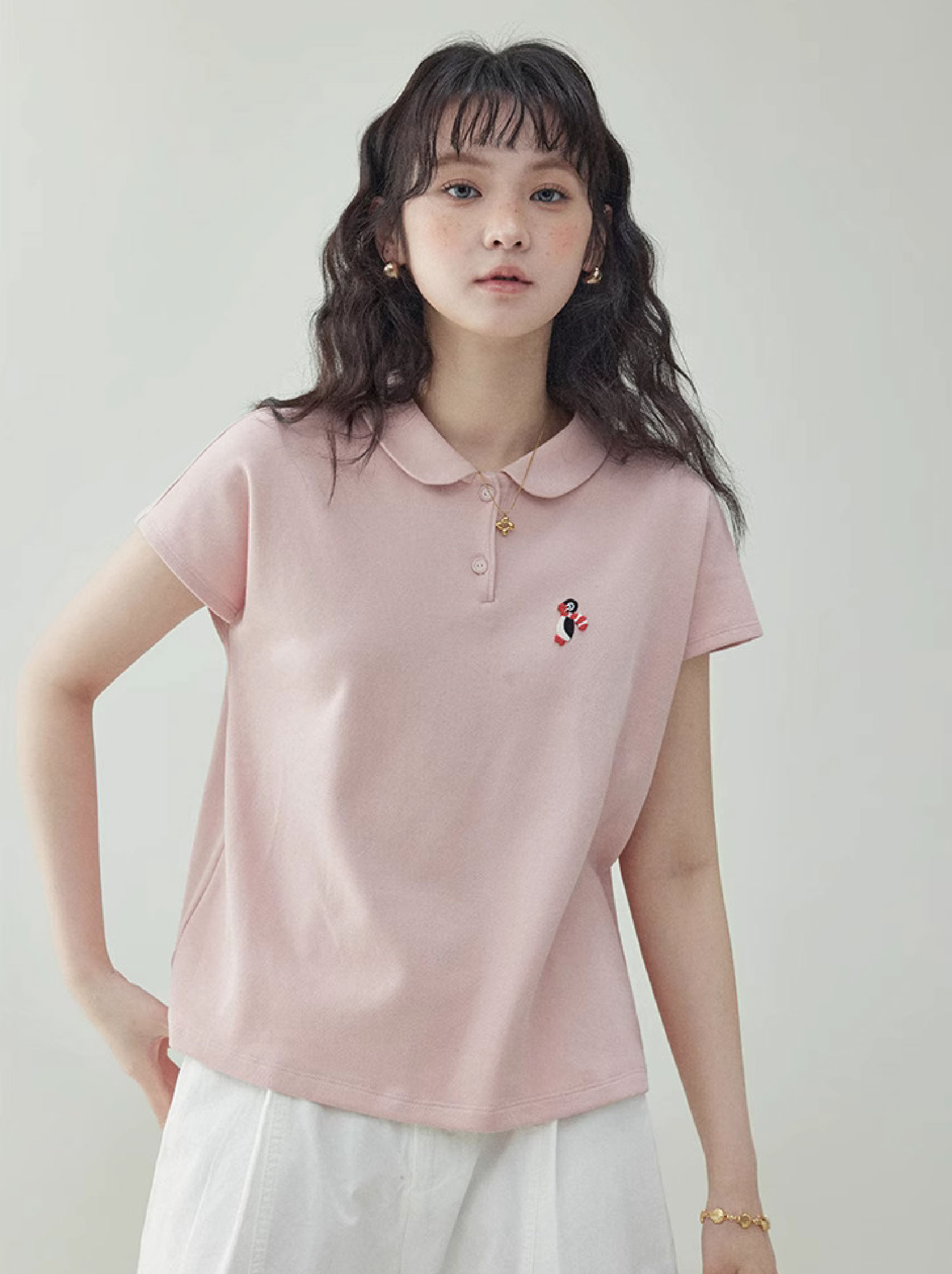 粉紅娃娃領企鵝刺繡T恤女夏季新款減齡短袖上衣