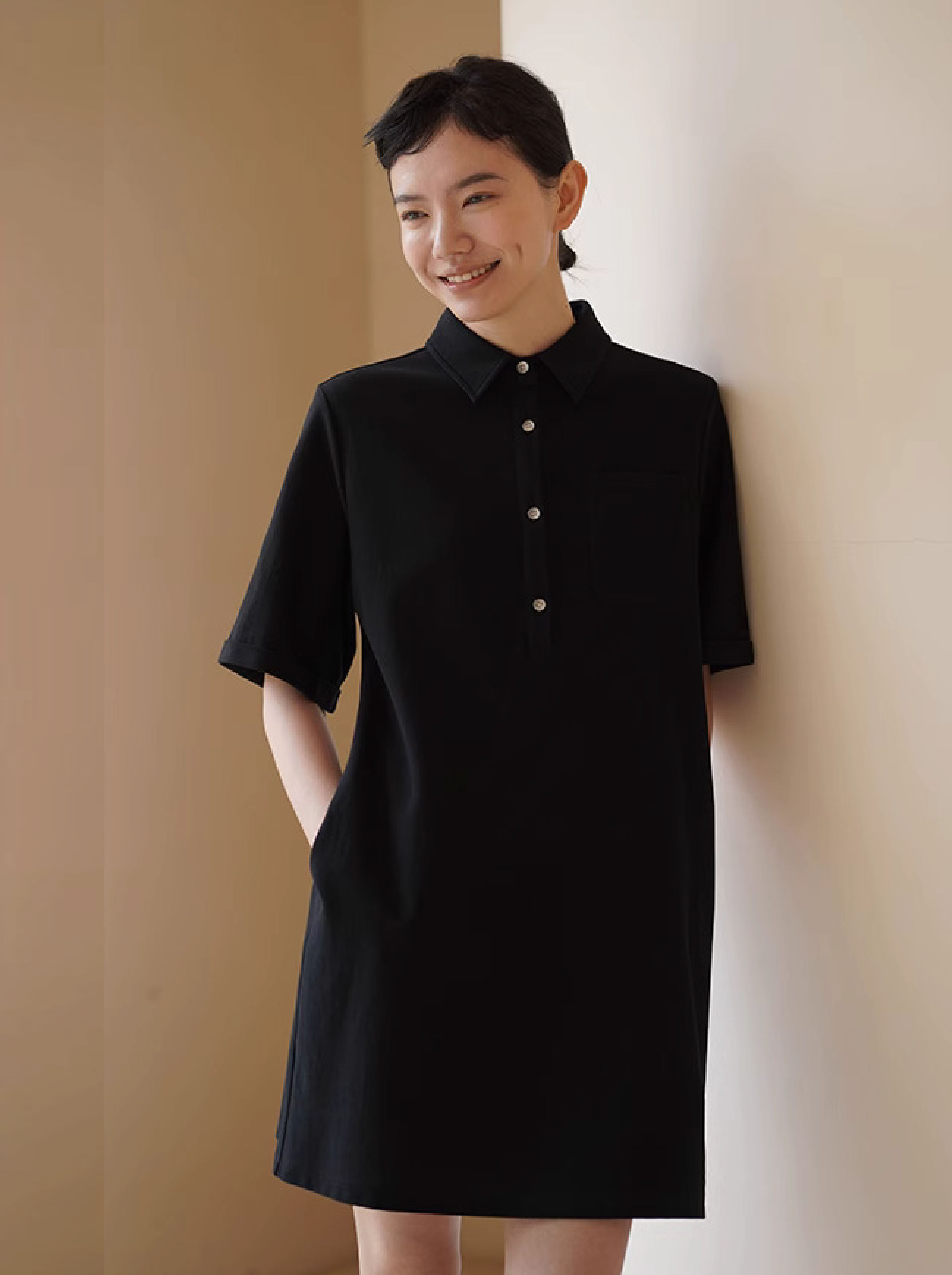 經典復古美式學院Polo領針織短款顯瘦休閒直筒洋裝女