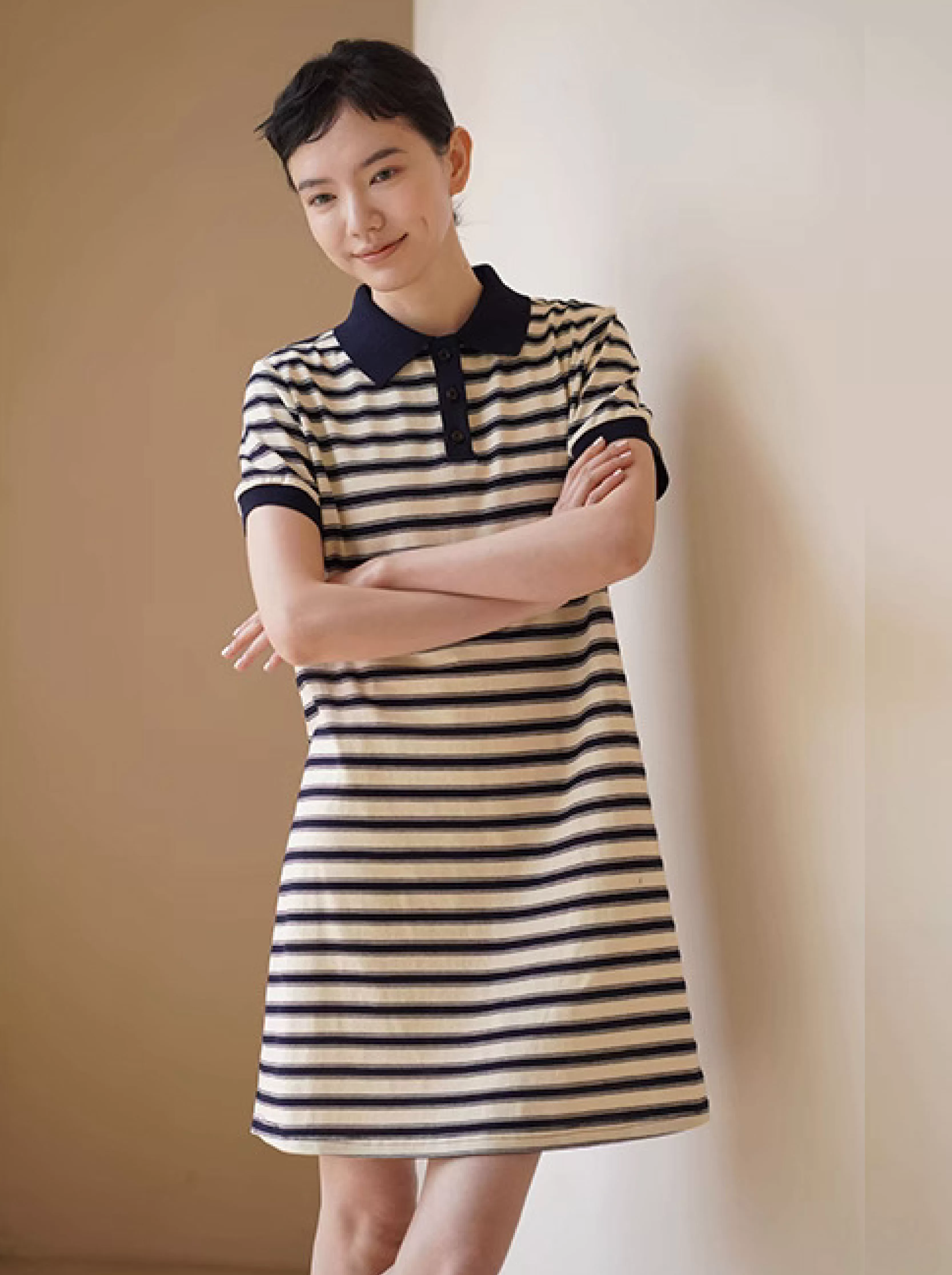 美式條紋日洋裝24支雙紗平紋棉混紡顯瘦撞色Polo裙女