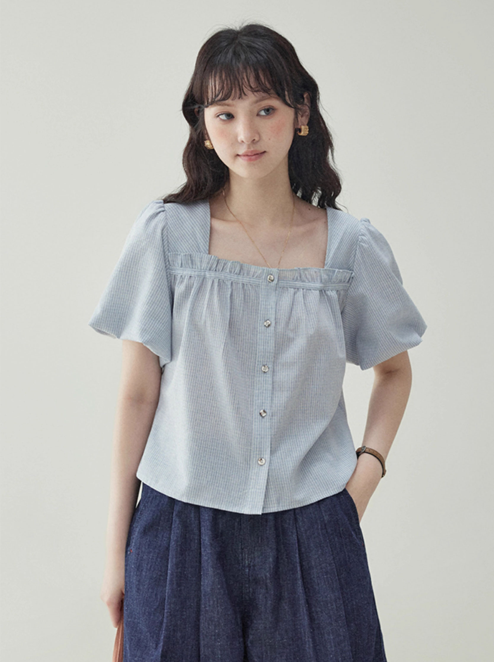 法式花苞袖條紋純棉襯衫女夏季新款短版方領上衣