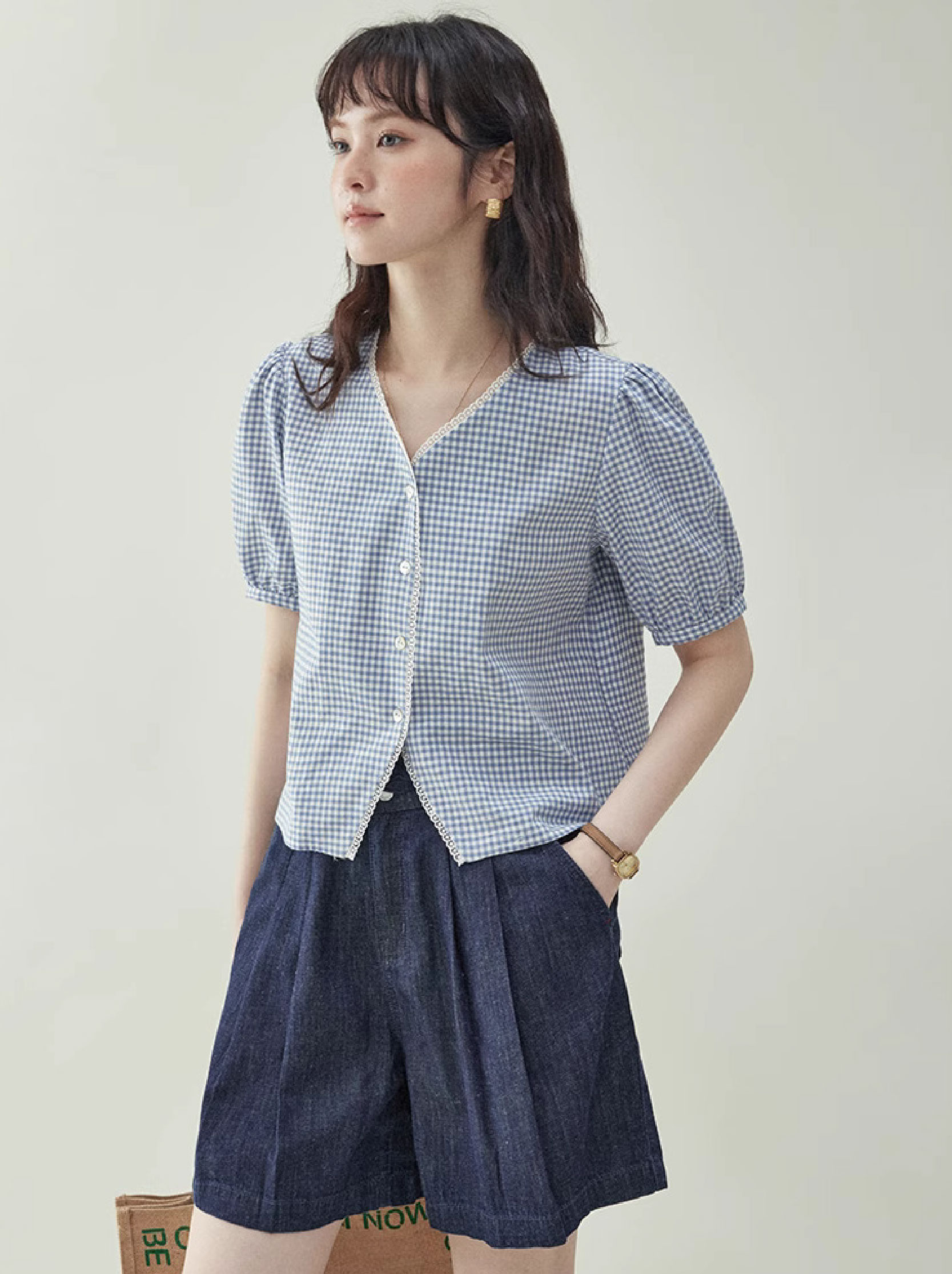 藍格泡泡袖短版純棉襯衫女夏季新款甜美寬鬆上衣