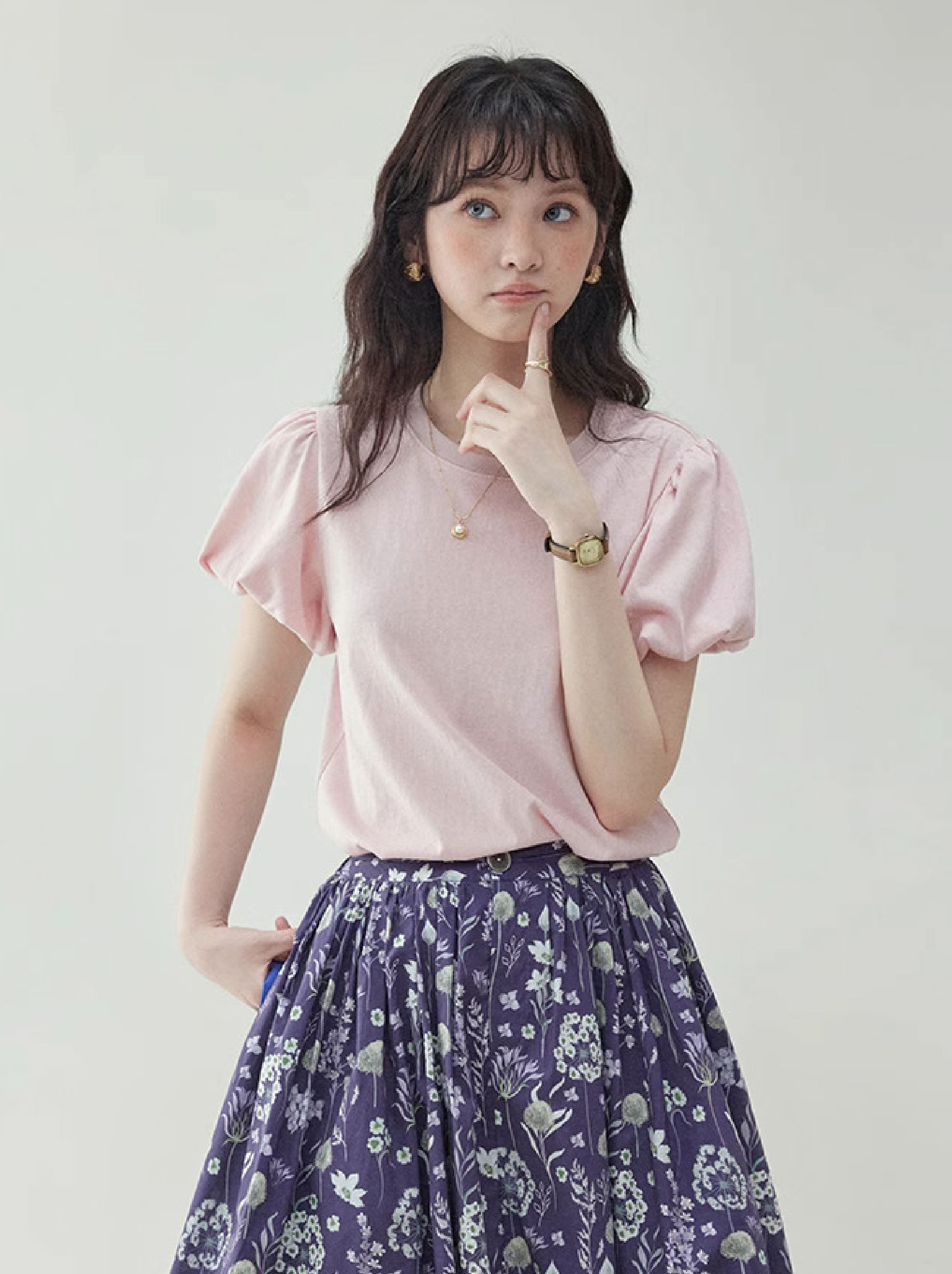 減齡純色花苞袖寬鬆T恤女夏新款百搭圓領上衣