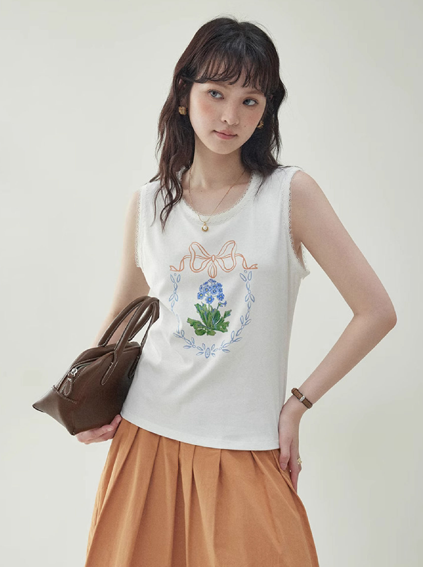 韓系花朵印花背心T恤女25夏季新款蕾絲無袖上衣