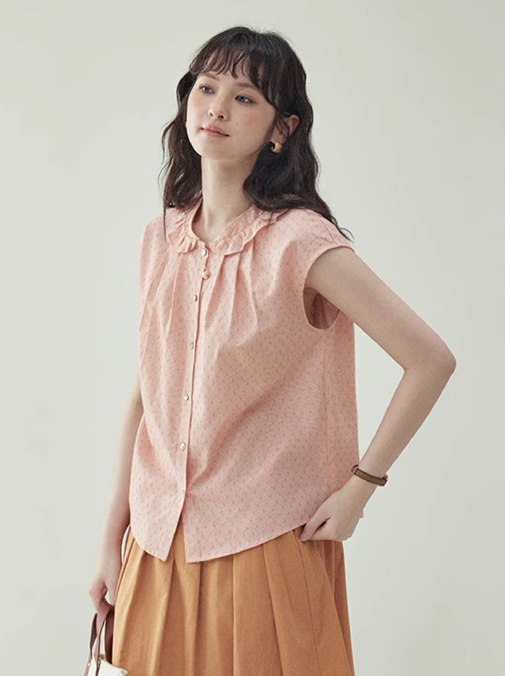 甜美花邊領純棉波點襯衫女夏季新款寬鬆無袖上衣