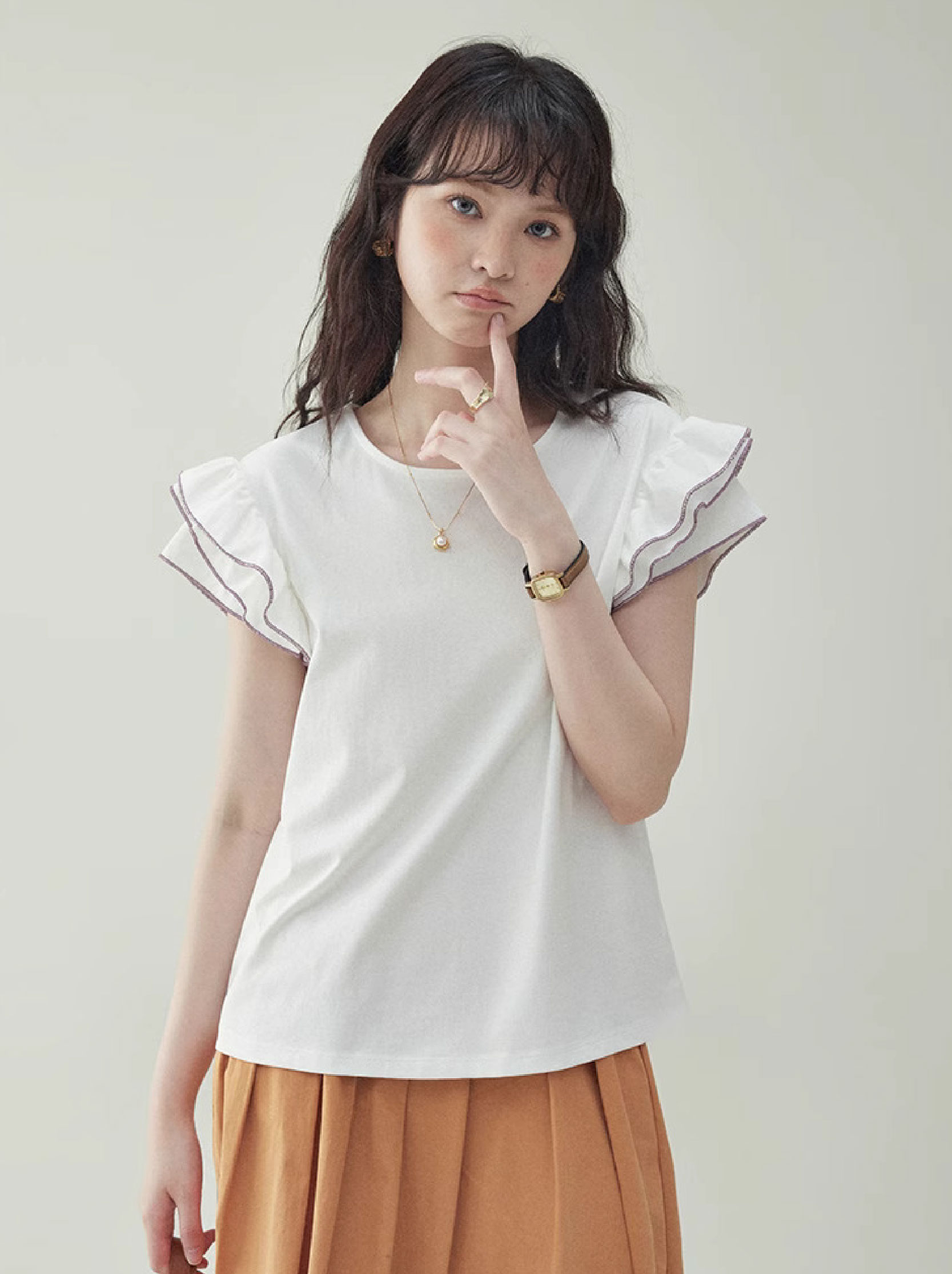 小眾拼接荷葉袖圓領T恤女夏新款時尚寬鬆上衣