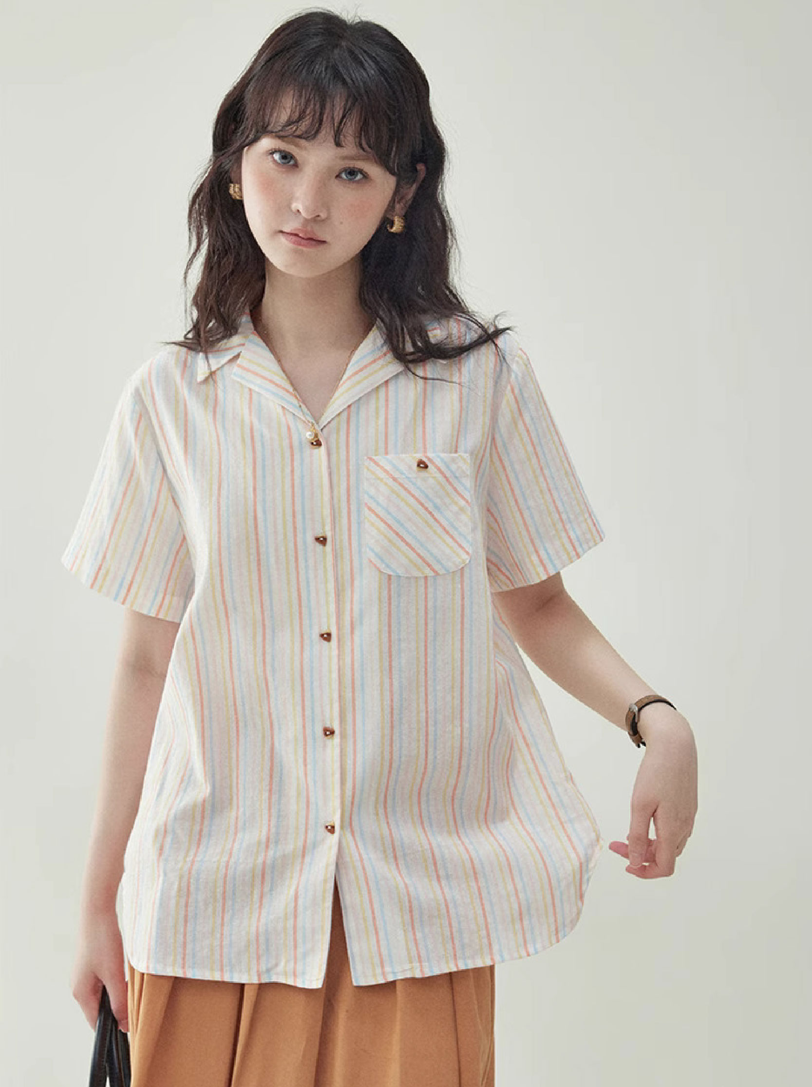 彩色圖案單排扣純棉襯衫女夏季新款寬鬆短袖上衣