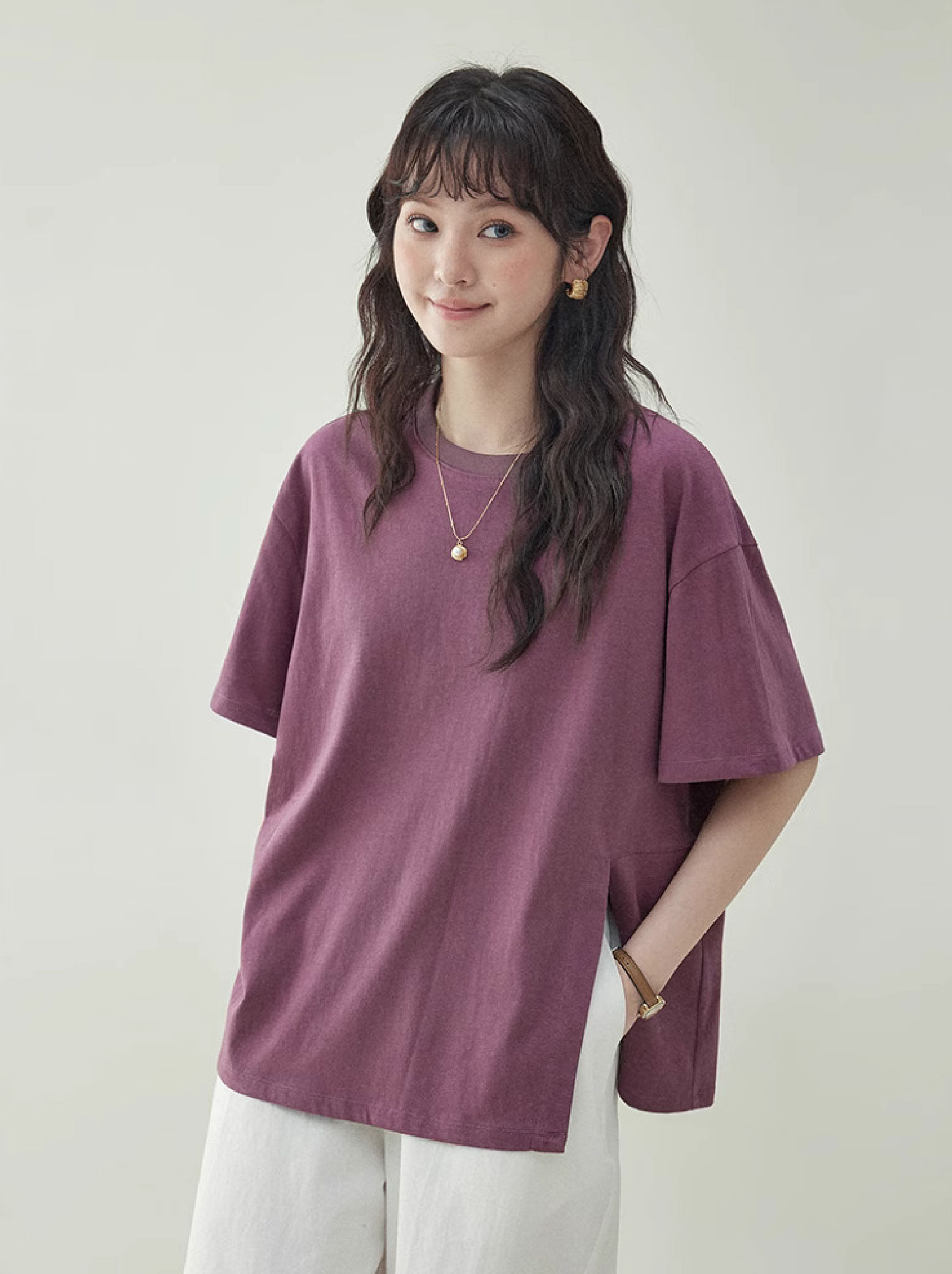 復古純色開叉短袖T恤女夏季新款設計感寬鬆上衣