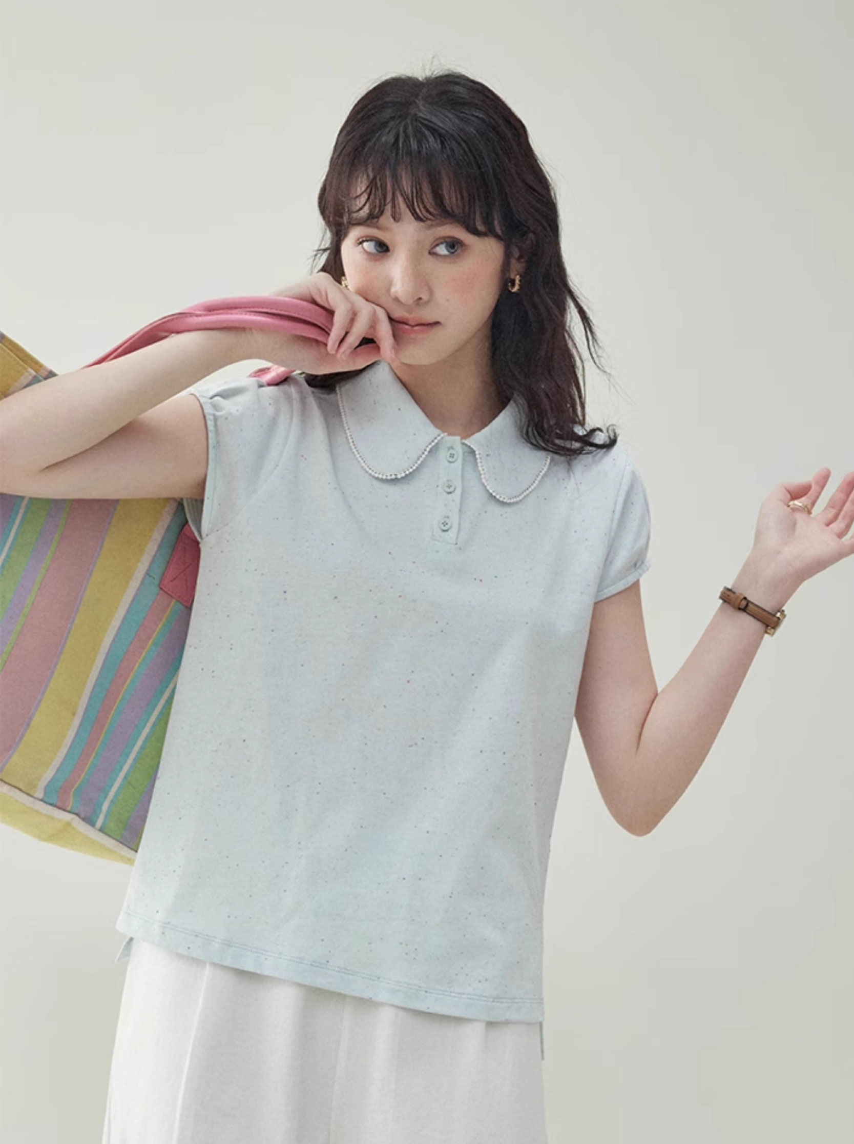 減齡娃娃領彩點短袖T恤女夏新款寬鬆百搭上衣