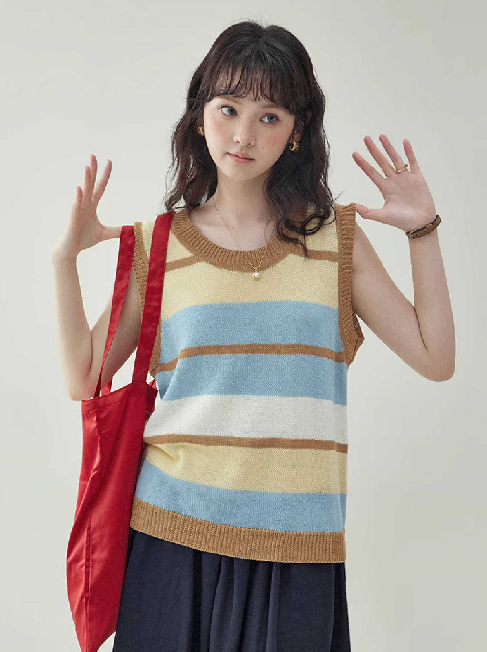多巴胺無袖條紋針織背心女夏季新款寬鬆馬甲上衣