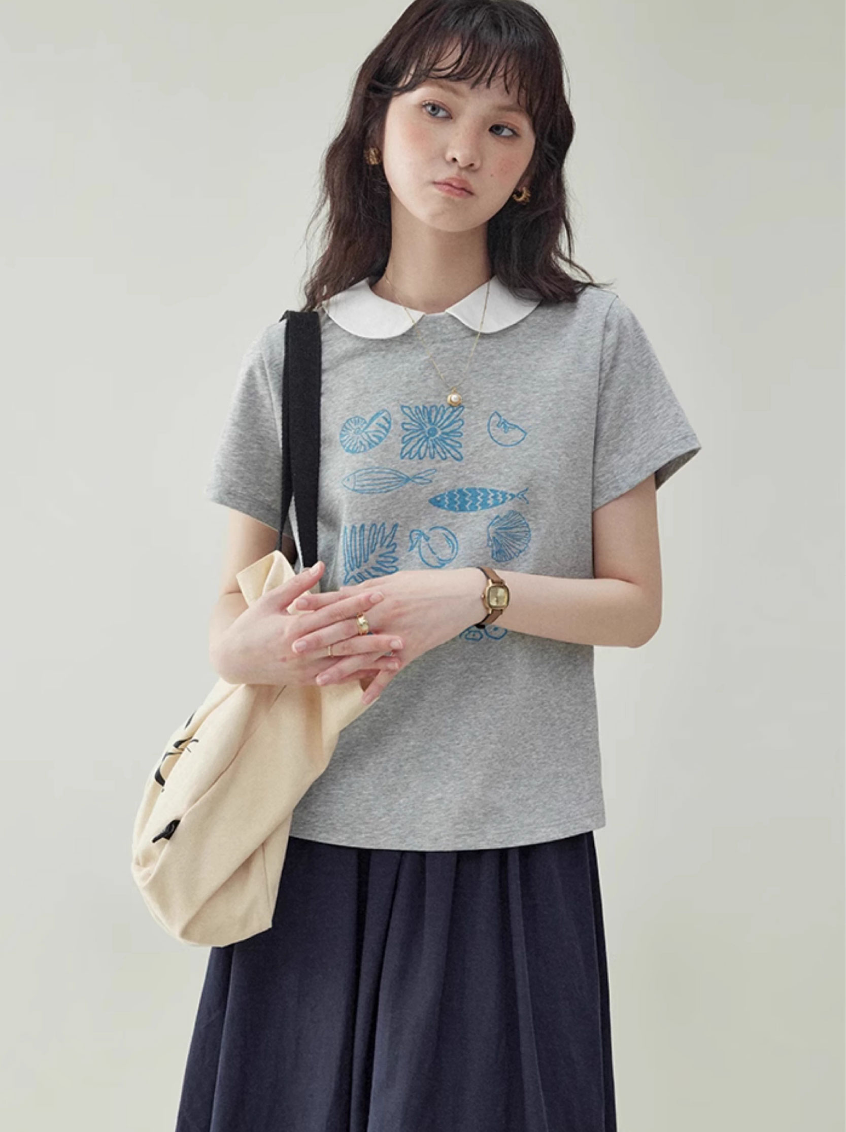 韓系撞色可拆娃領印花T恤女夏新款寬鬆短袖上衣