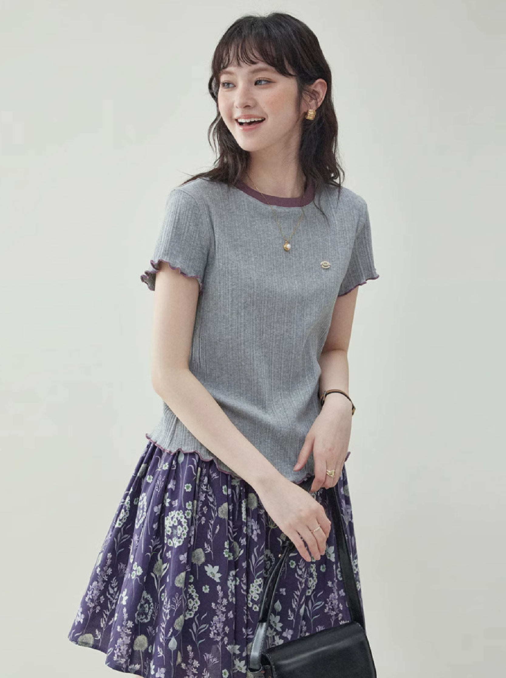 撞色花邊圓領正肩t卹女25夏季新款時尚百搭上衣