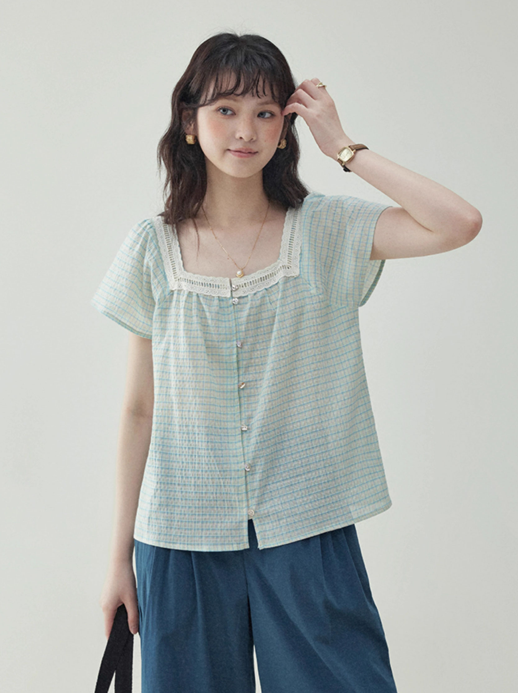 藍綠格領純棉短袖襯衫女夏季新款減齡薄上衣