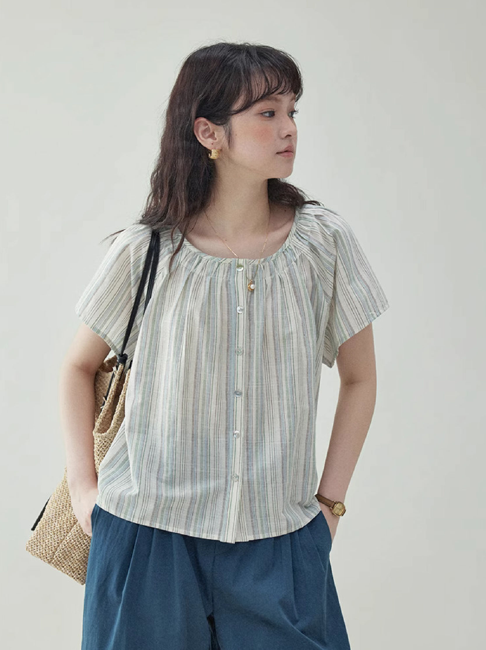 撞色圖案單排扣純棉襯衫女夏季新款寬鬆短袖上衣